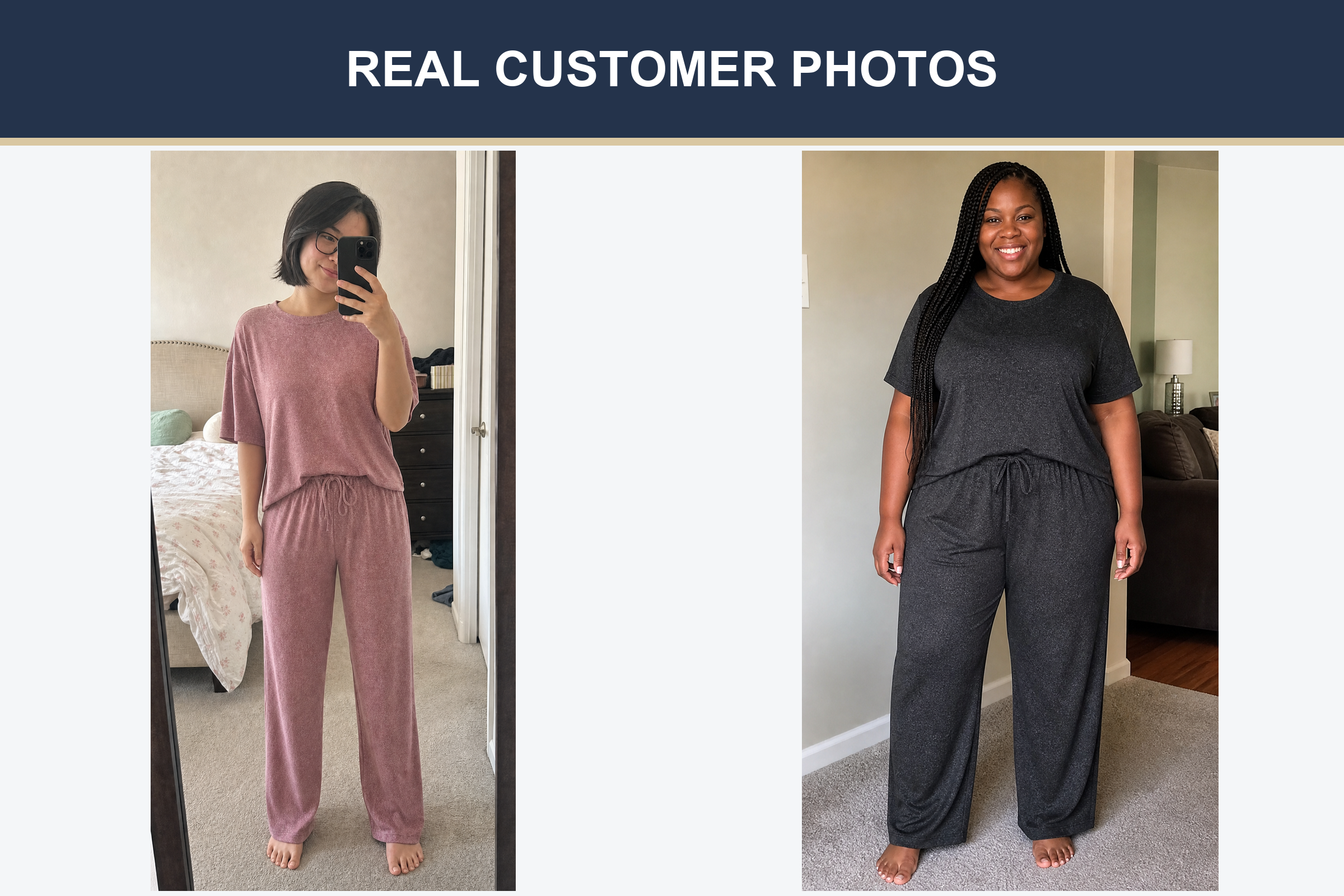 Real customer photos wearing dusty rose and midnight black lounge sets