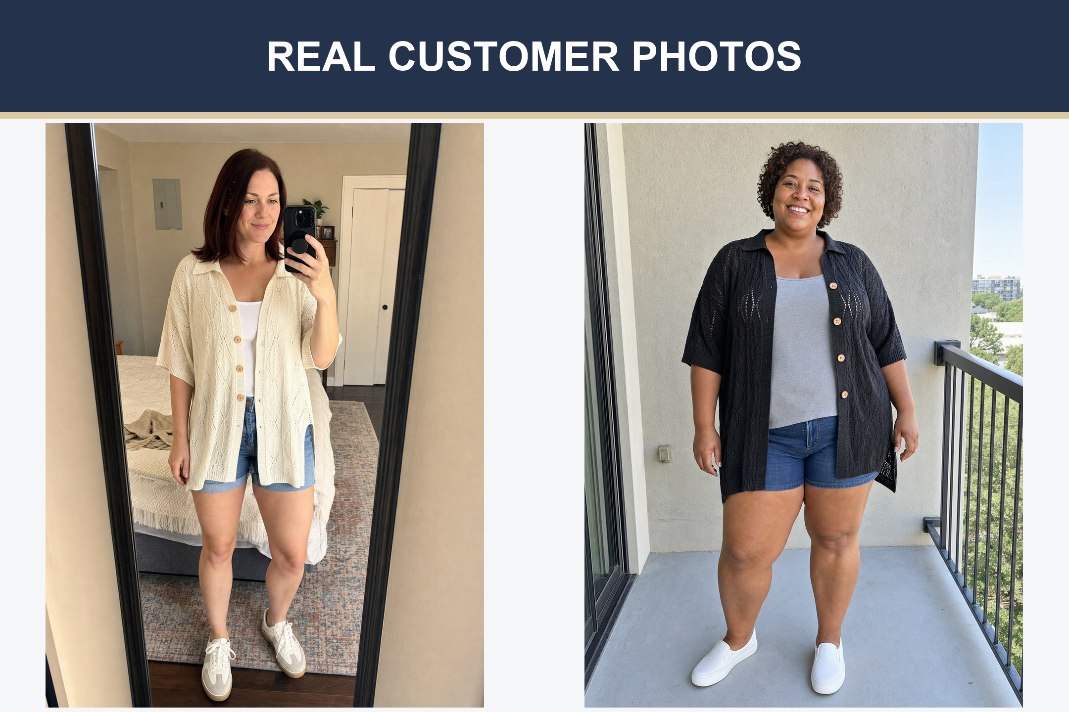 Real customer photos wearing ivory and charcoal knit cardigans