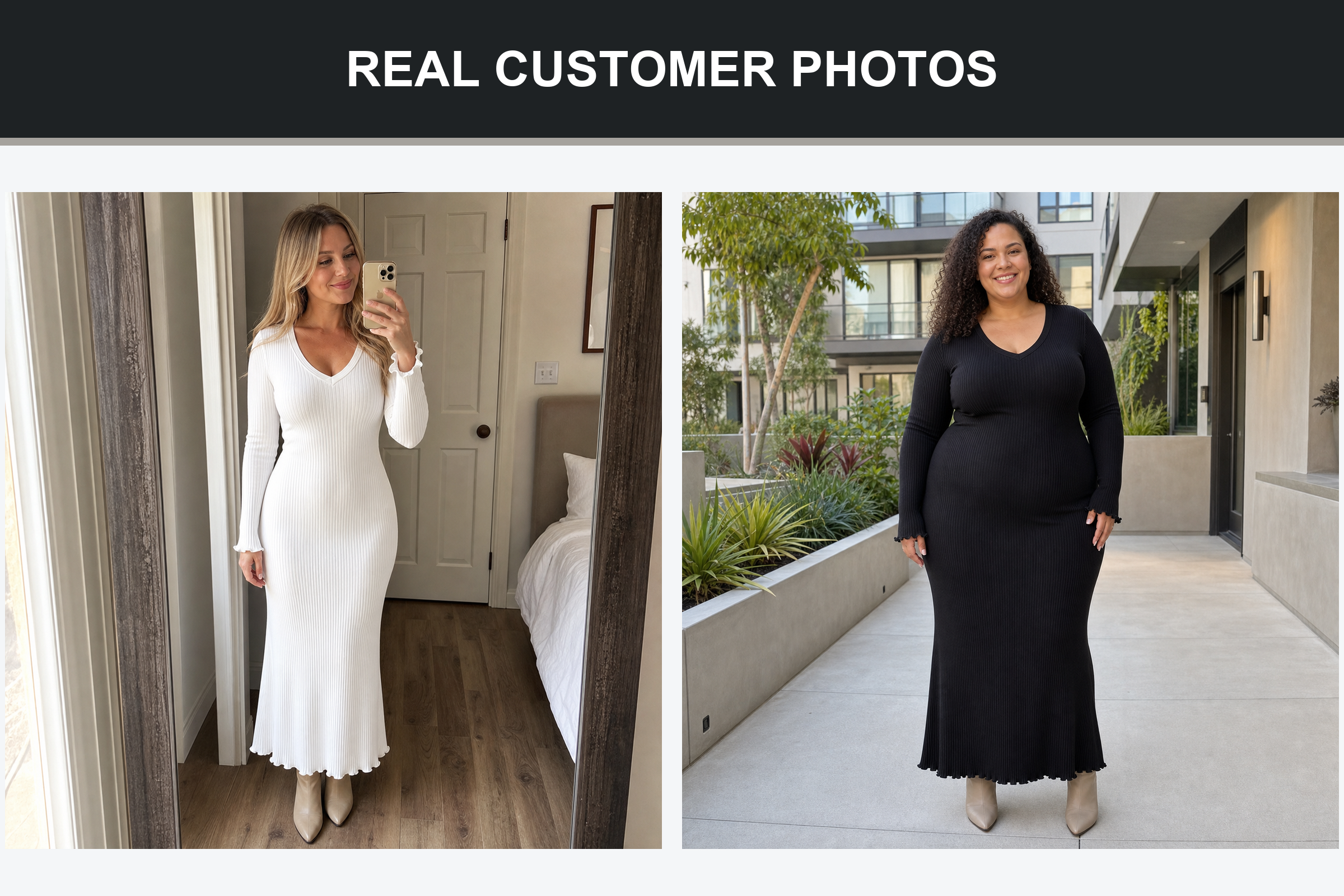 Real customer photos wearing white and black ribbed maxi dresses
