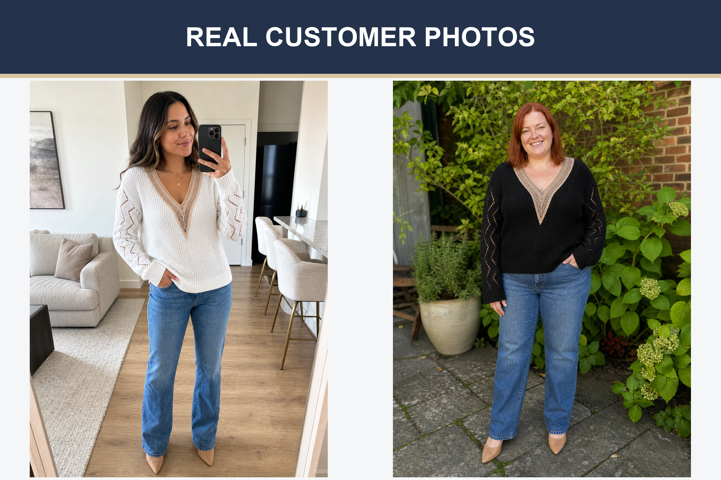 Real customer photos in white and black openwork knit tops
