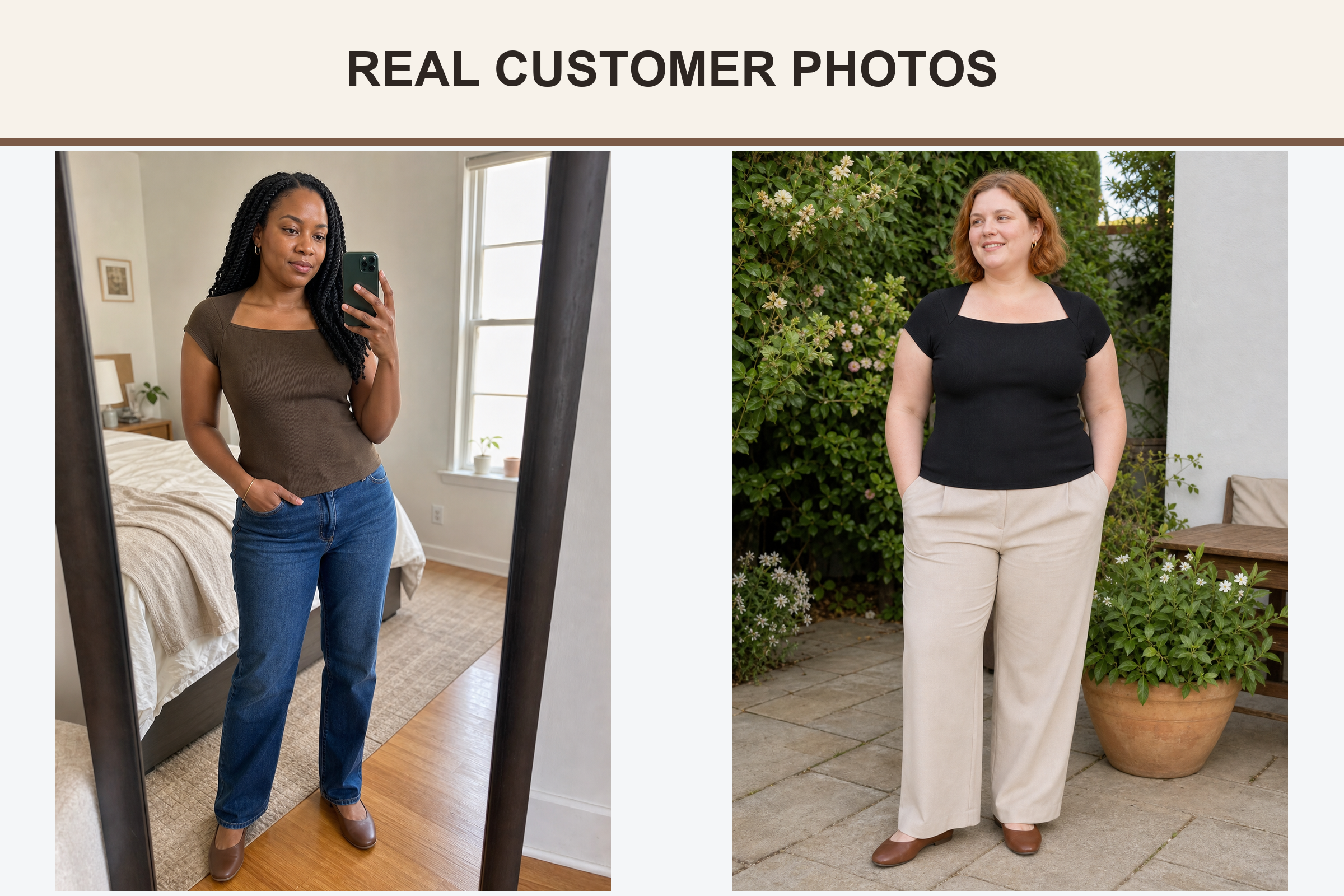 Customer photos wearing cocoa and black square-neck tops