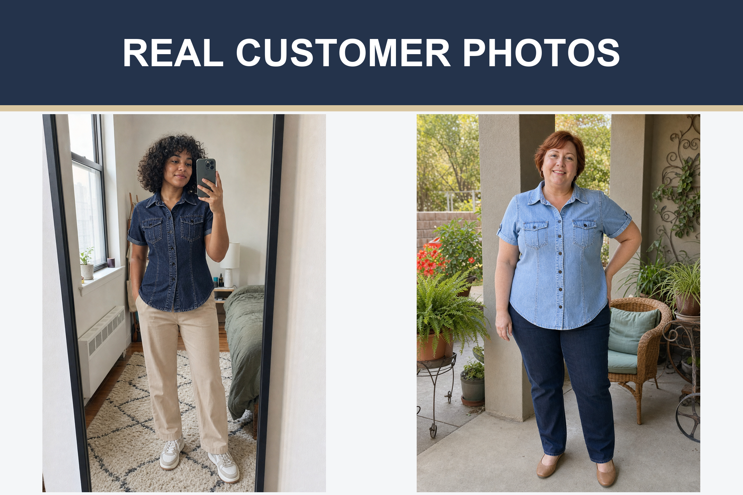 Real customer photos wearing indigo and light blue denim shirts