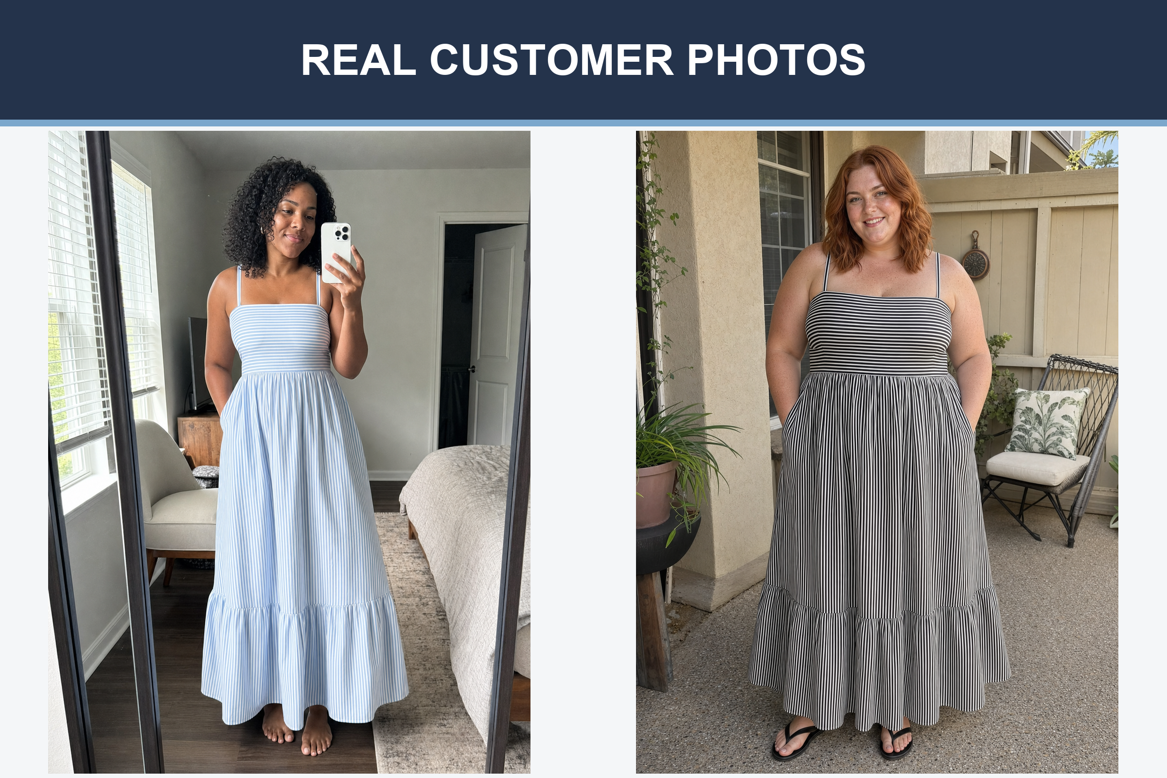 Real customer photos wearing blue and black striped maxi dresses