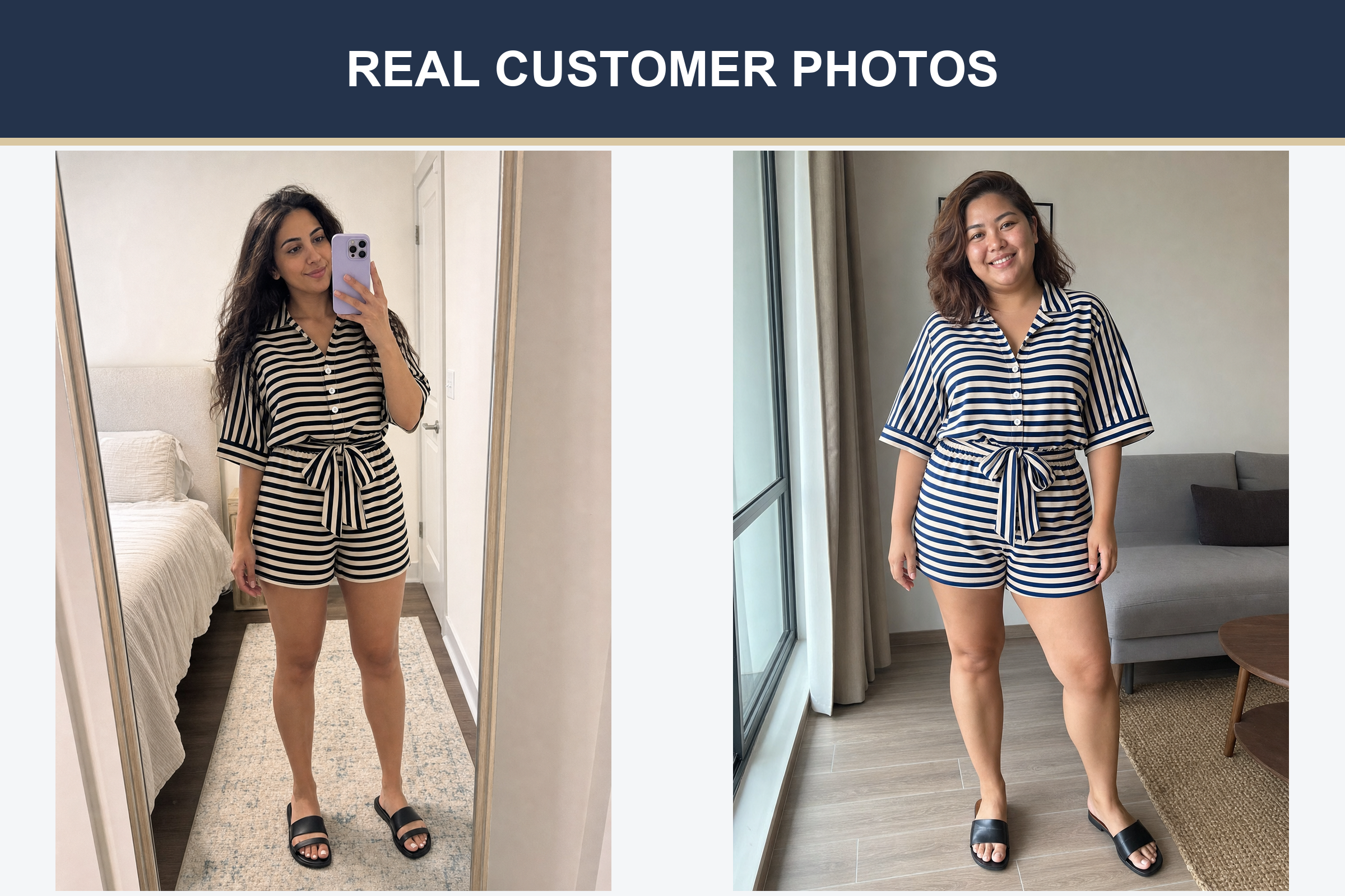 Real customer striped shirt and shorts set photos in black and navy