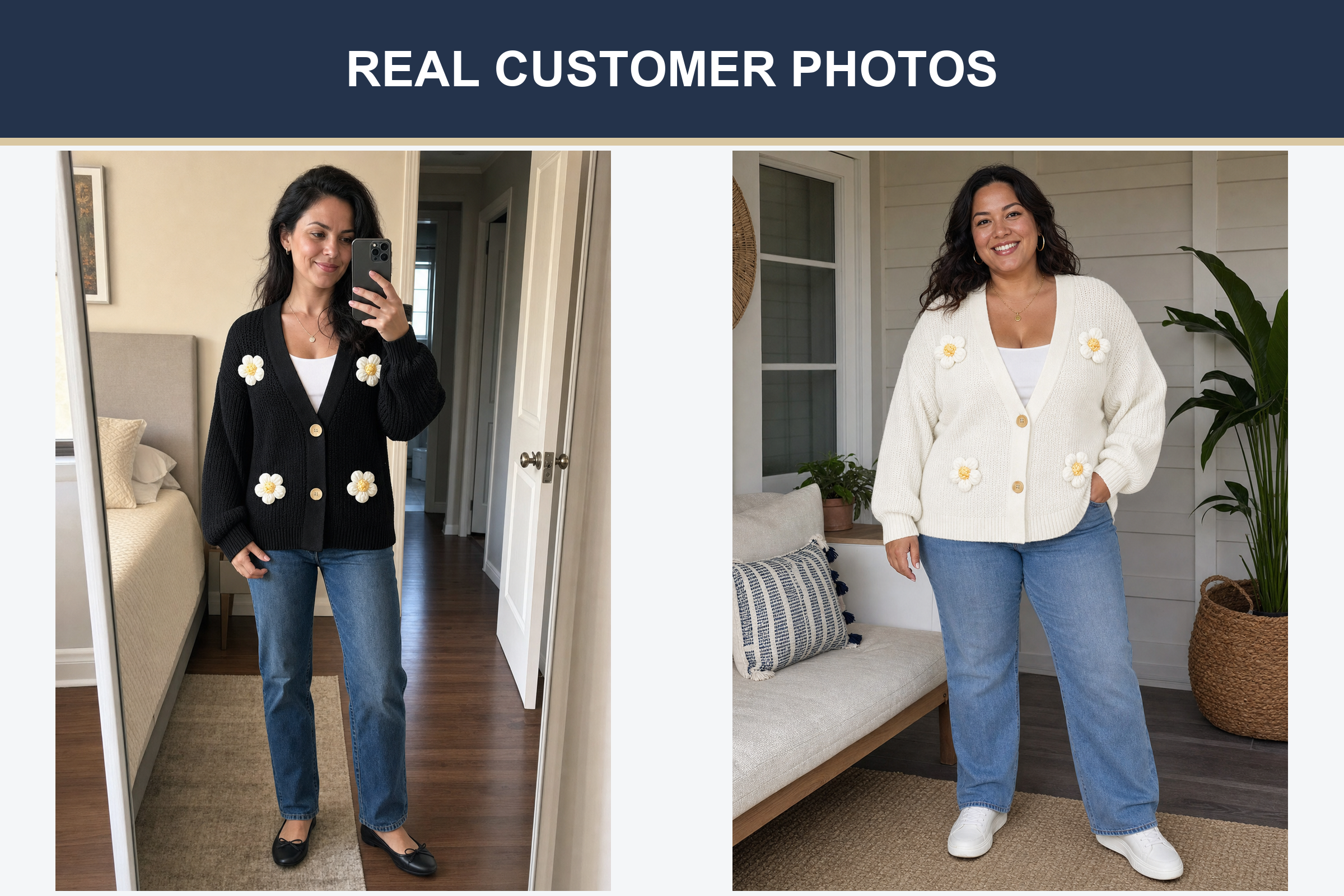 Real customer photos in black and ivory daisy cardigans