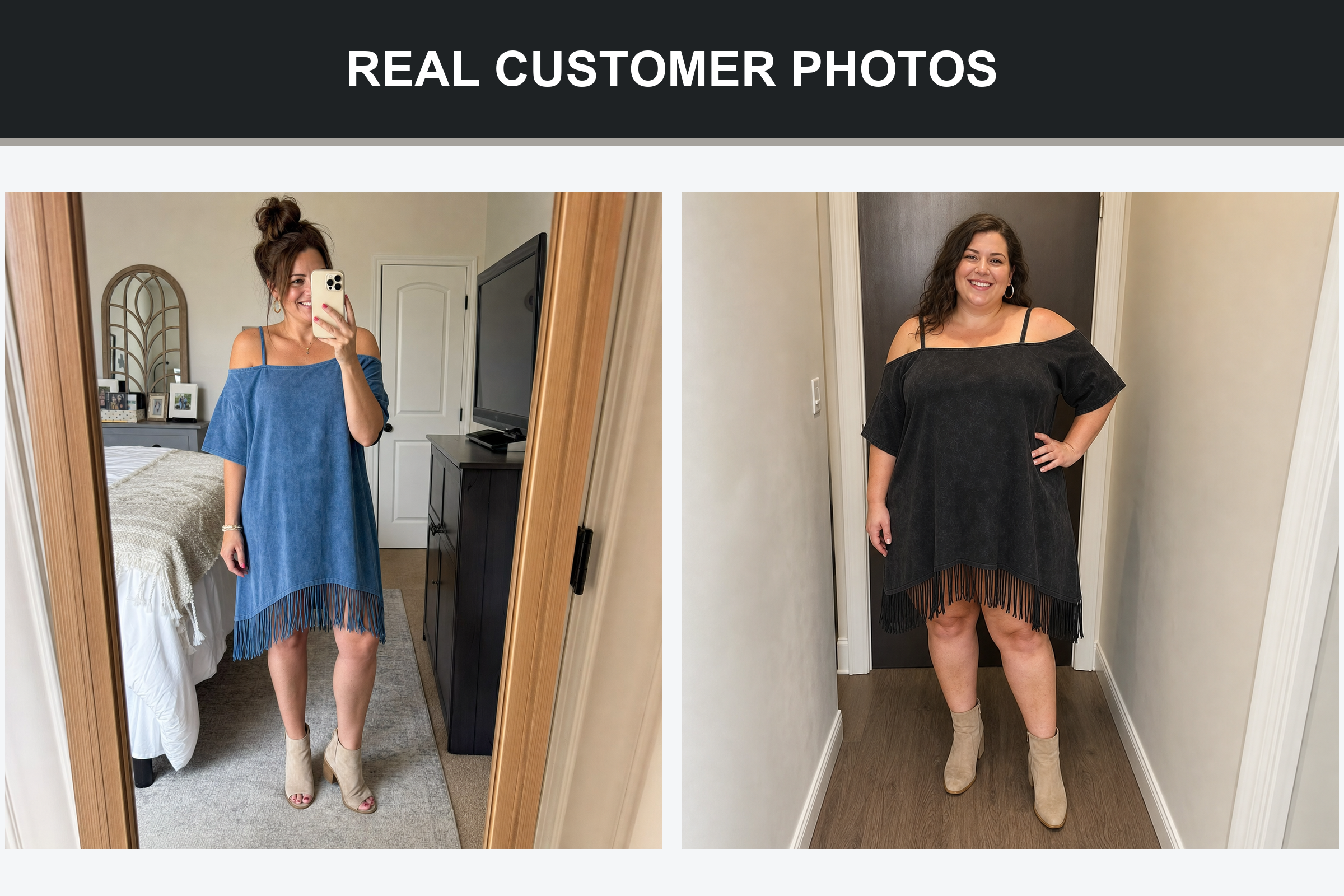 Real customer photos wearing washed blue and black fringe shift mini dresses