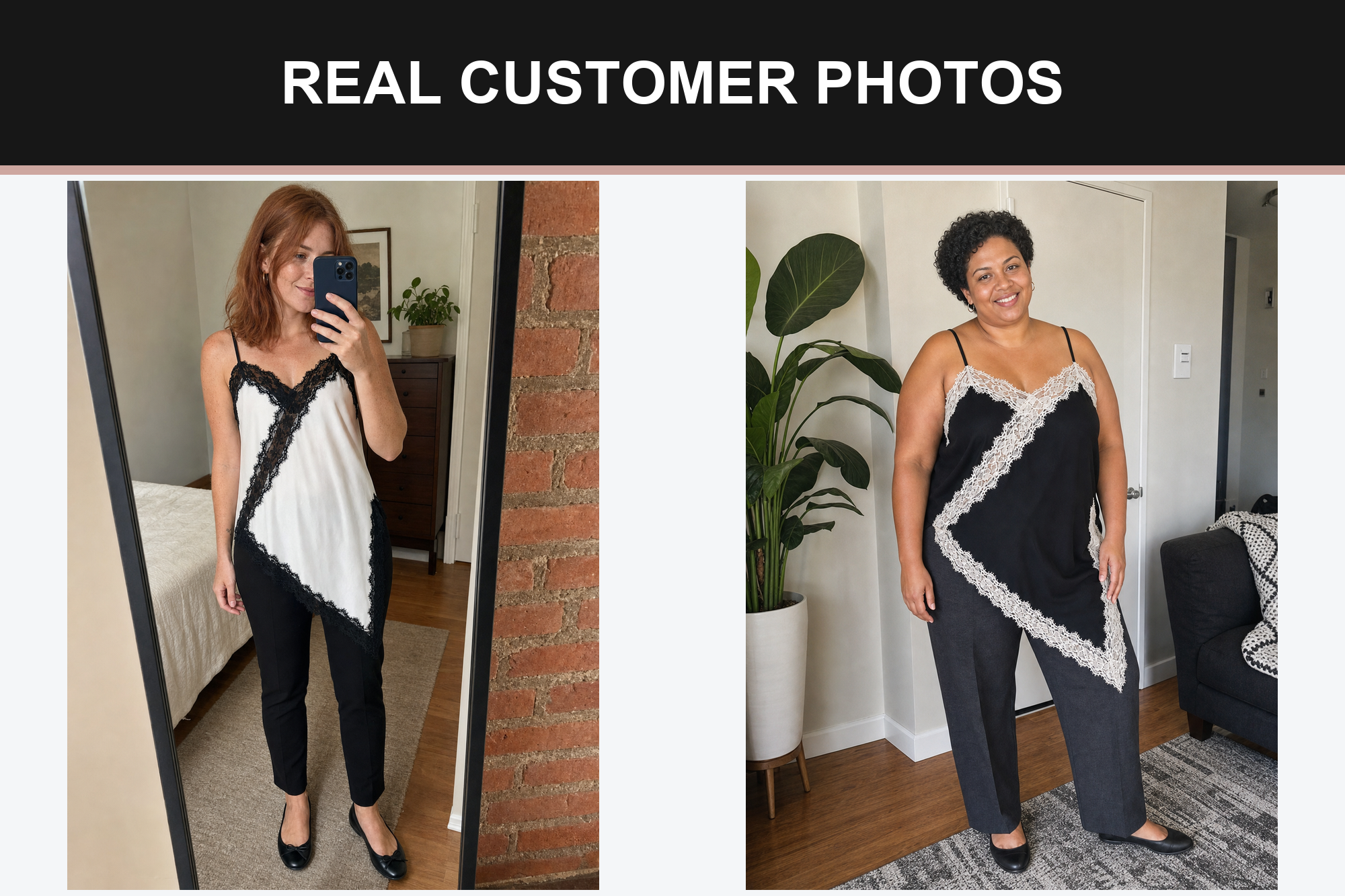 Real customer photos wearing white and black contrast lace camisoles