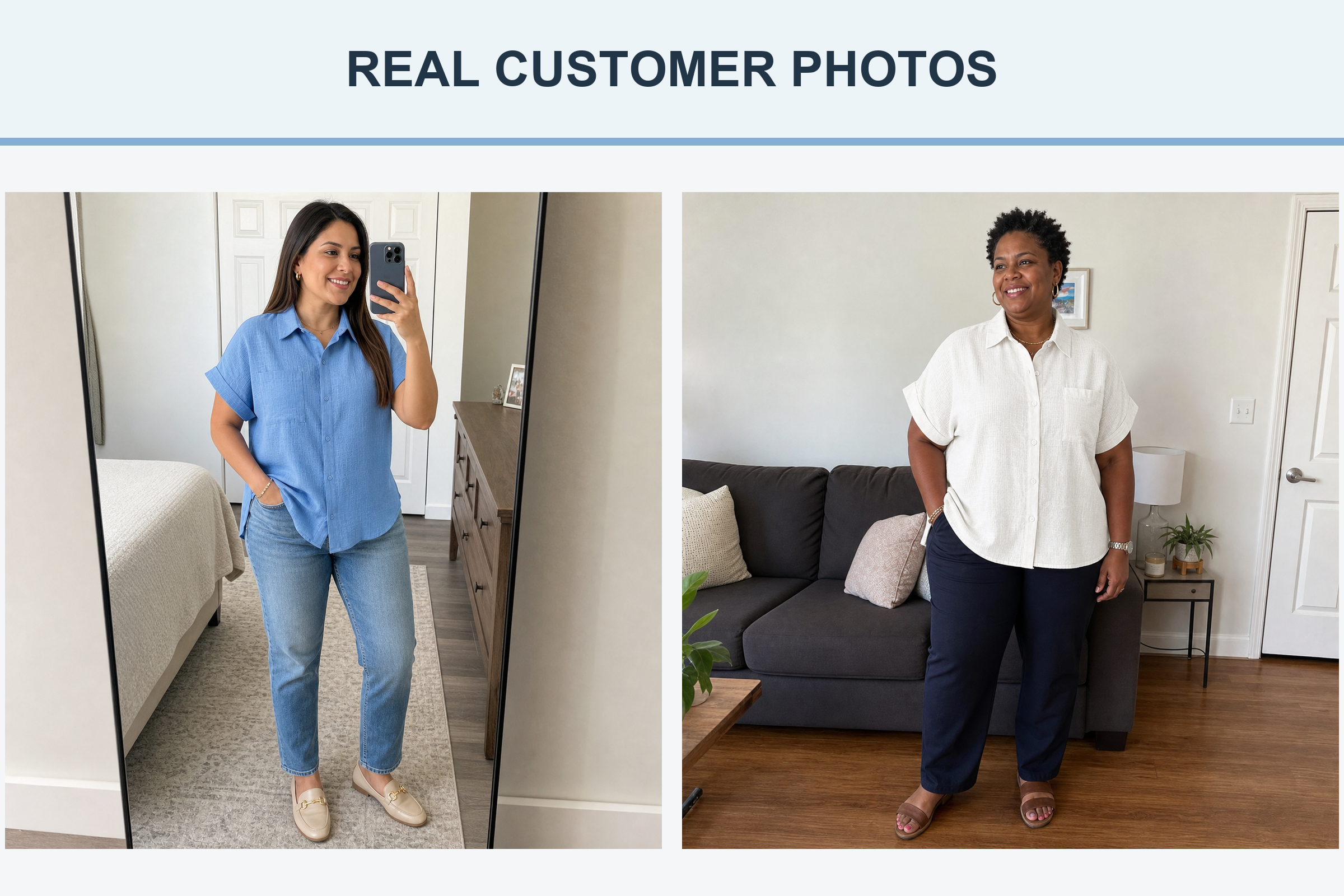 Real customer photos wearing light blue and soft white textured shirts