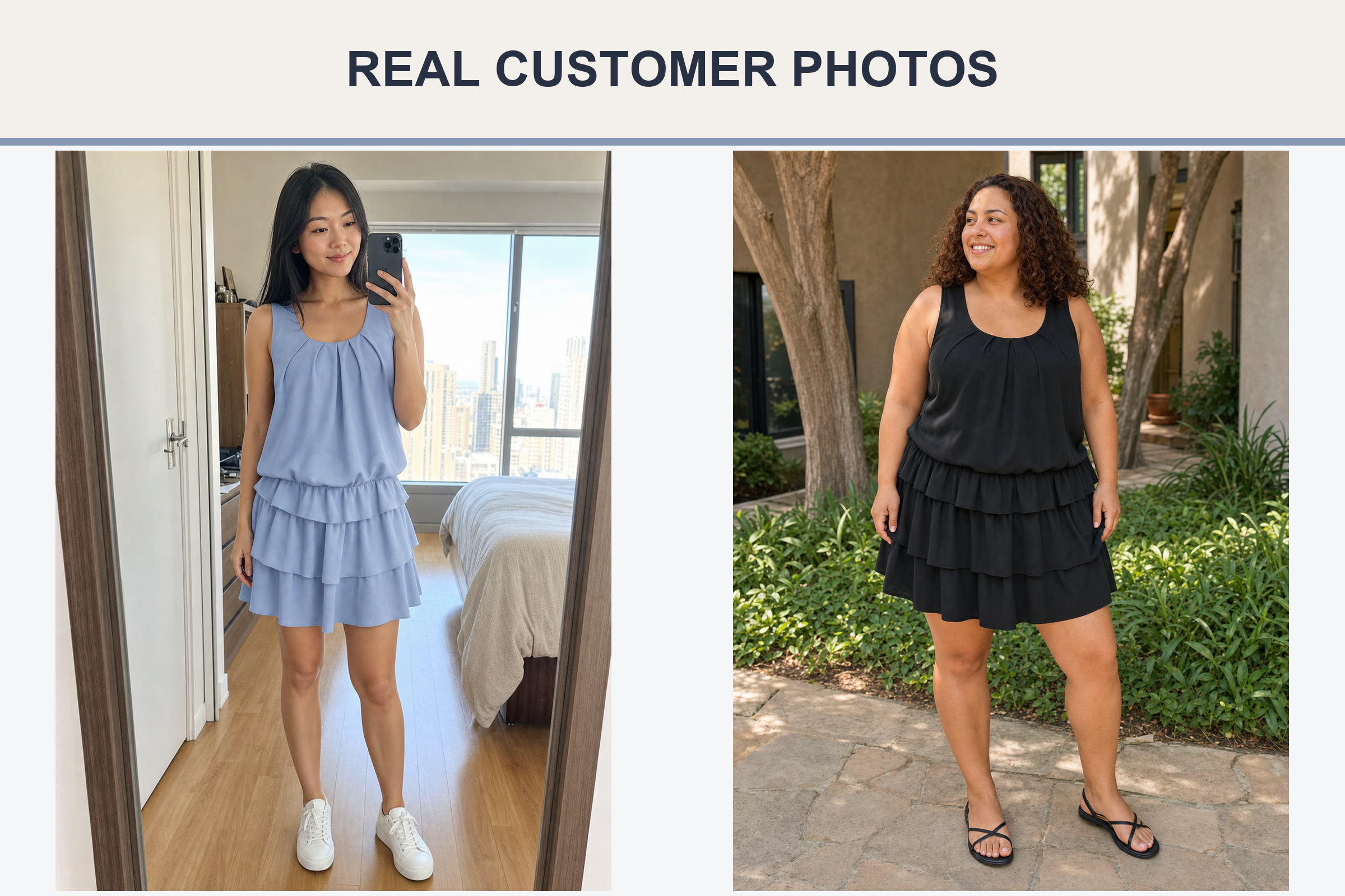 Real customer photos wearing dusty blue and black tiered flounce mini dresses