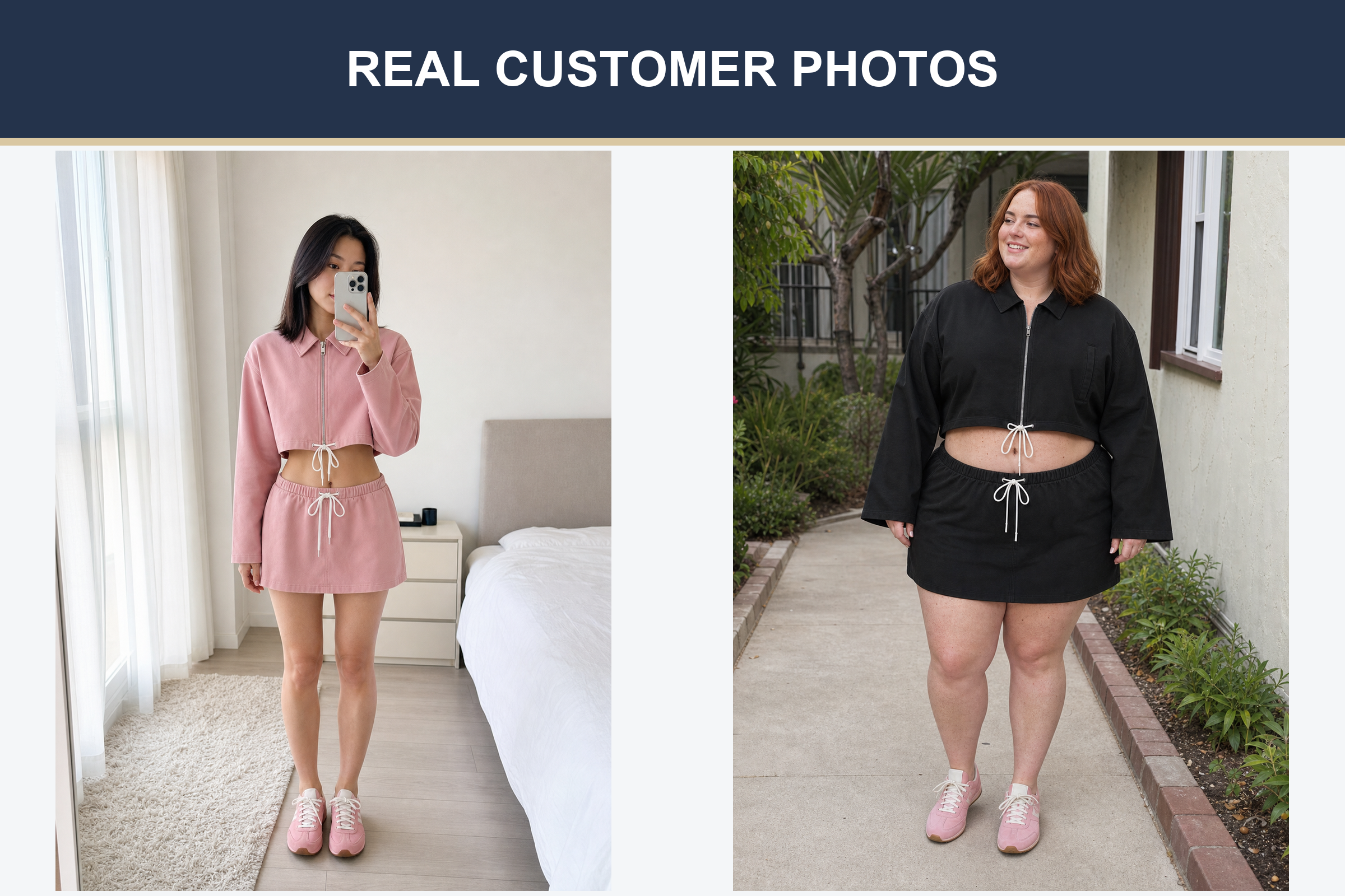 Real customer photos in dusty pink and black two-piece sets