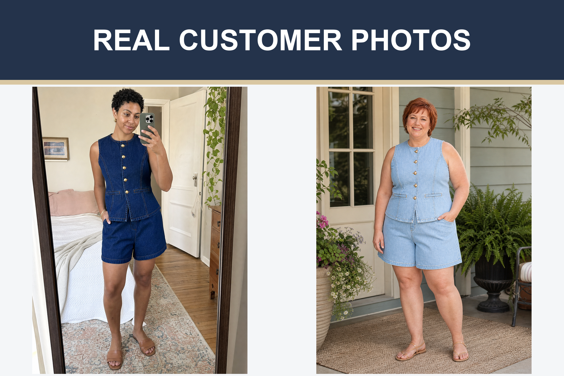 Real customer photos wearing indigo and light blue denim sets