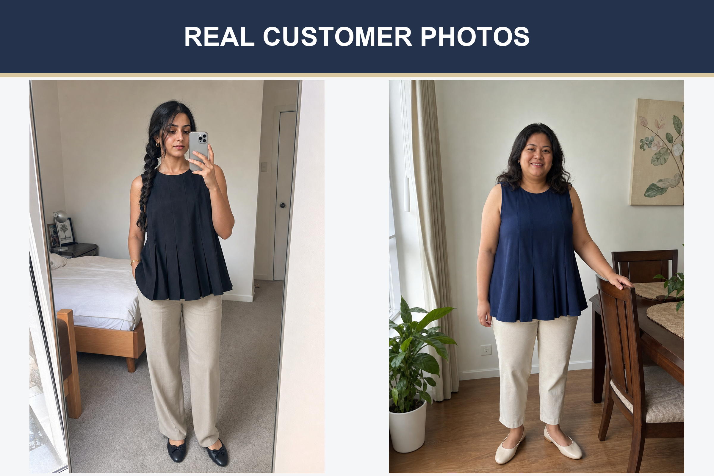Real customer pleated sleeveless top photos in black and navy