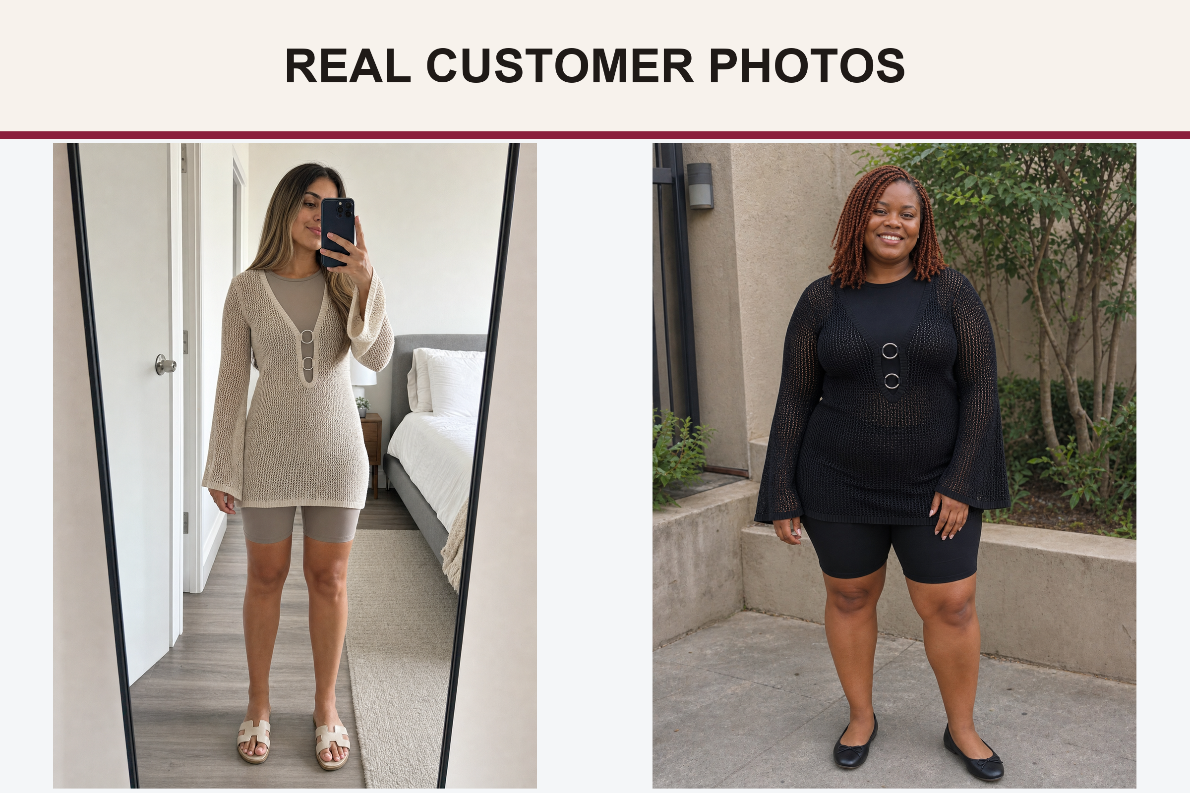 Real customer open-knit cover-up photos in warm beige and black
