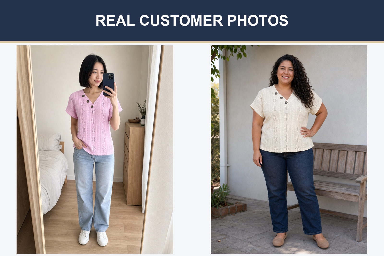 Real customer photos wearing pink and ivory openwork tops