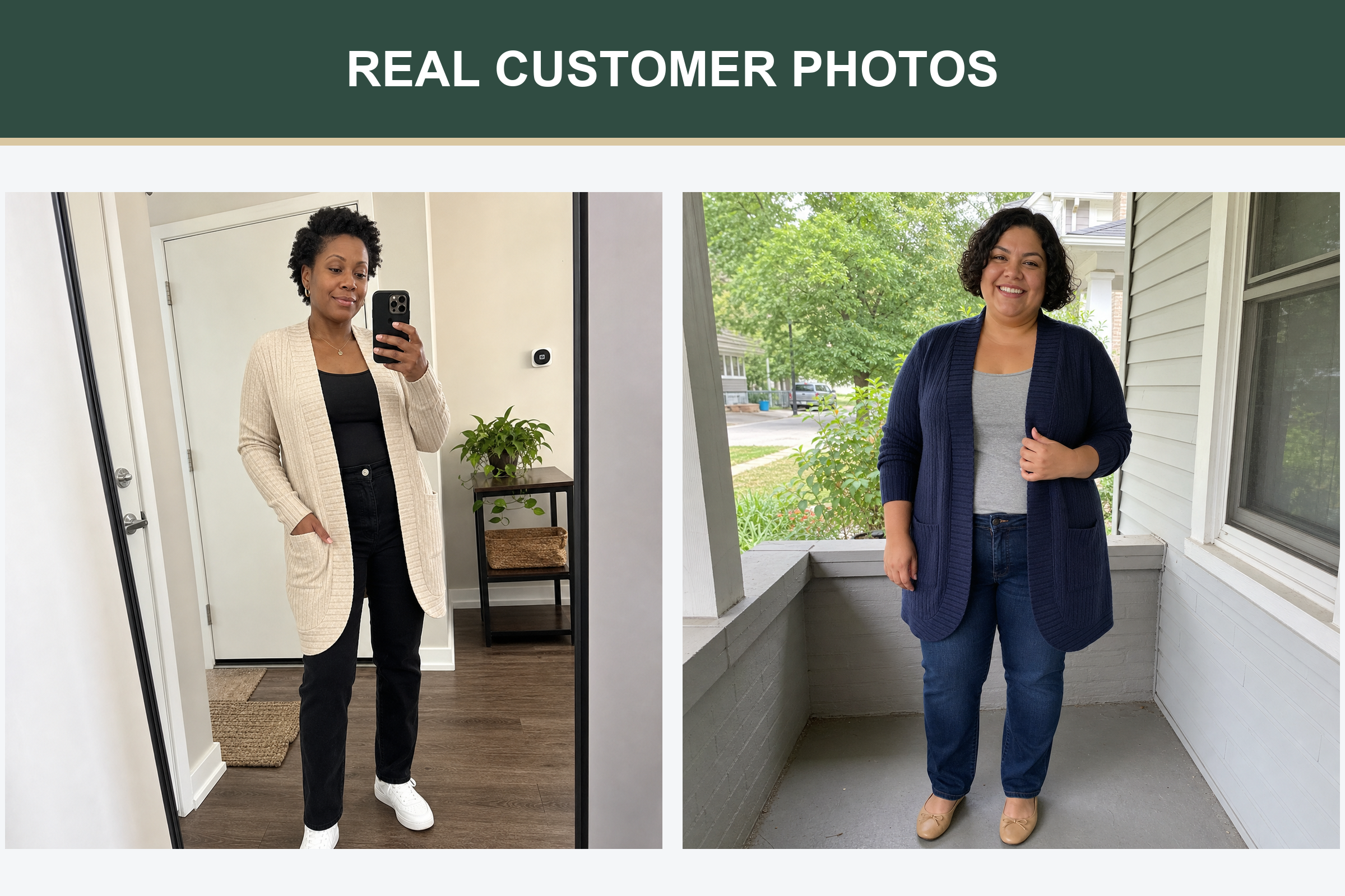 Real customer photos wearing oatmeal and deep navy long cardigans