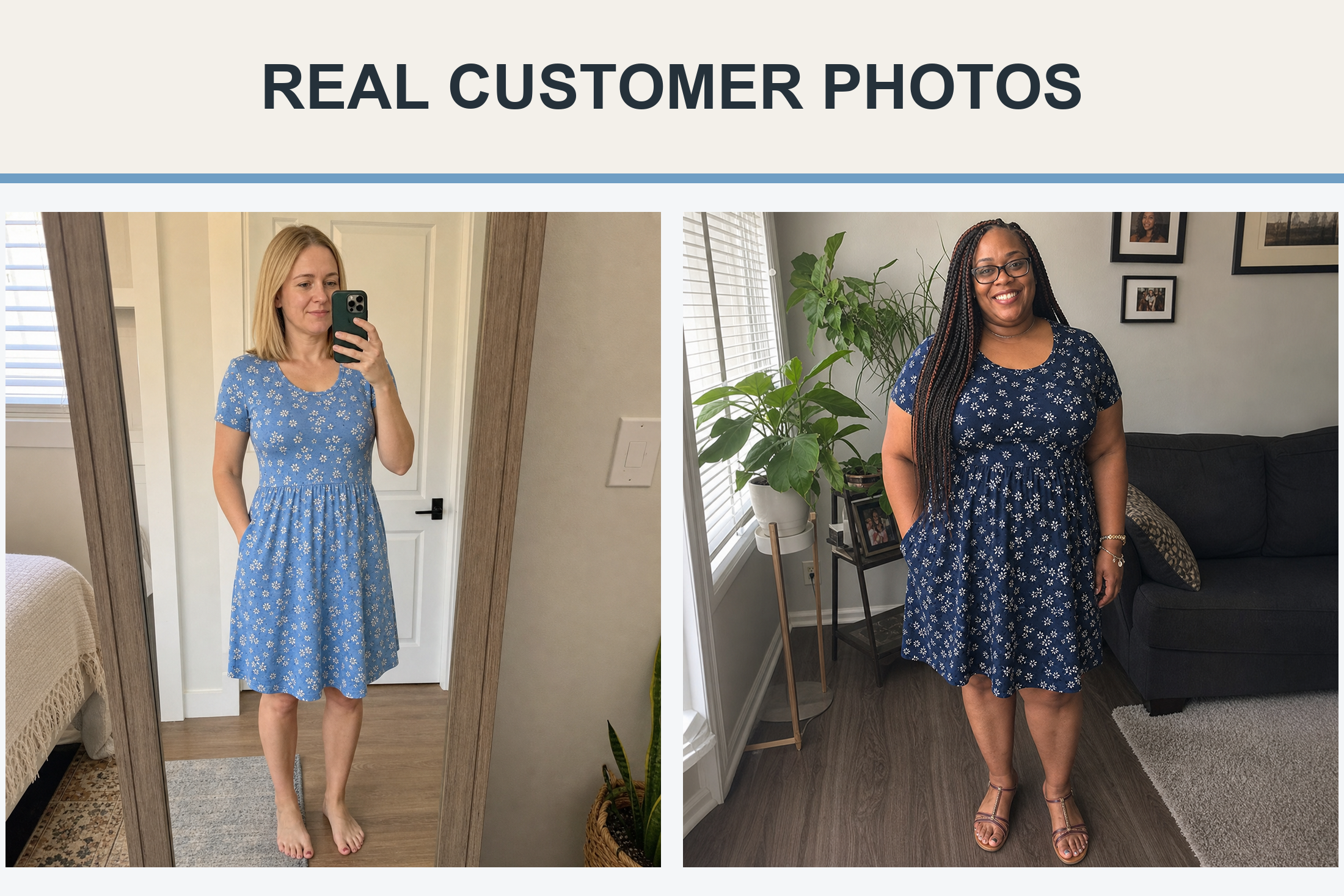 Customers wearing dusty blue and deep navy floral dresses