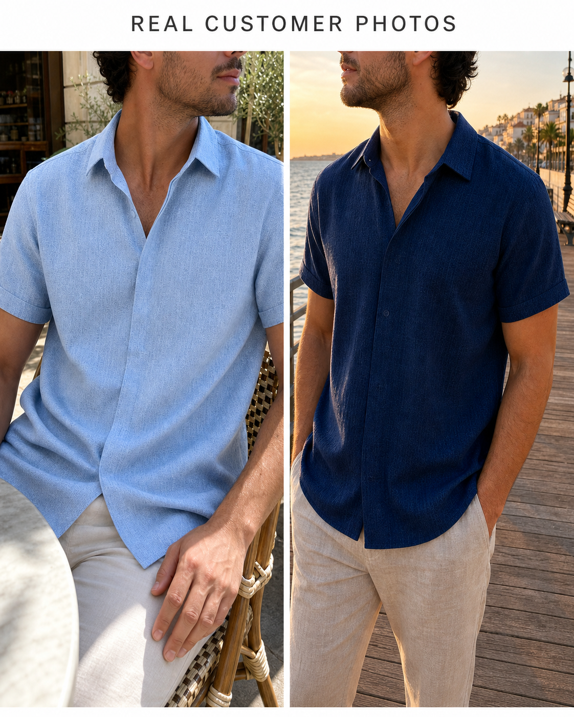 Real customer photos wearing light blue and navy shirts