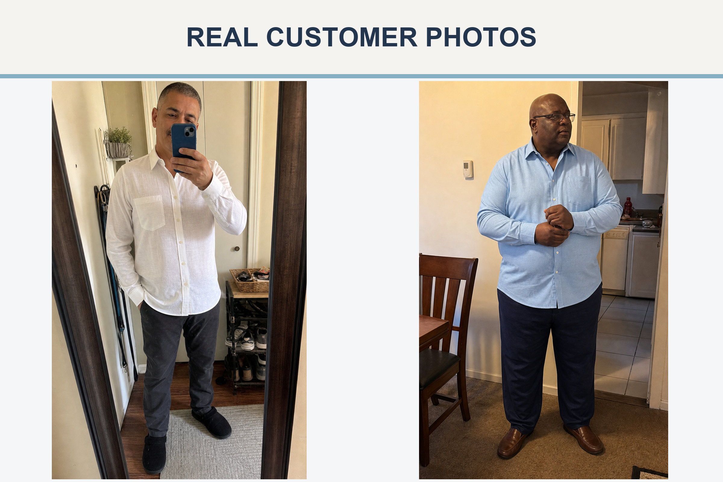 Real customer photos wearing white and sky blue shirts