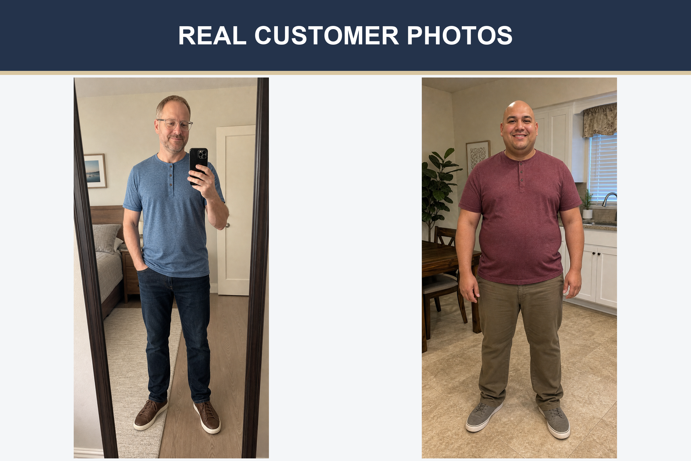 Real customer photos in slate blue and burgundy Henleys
