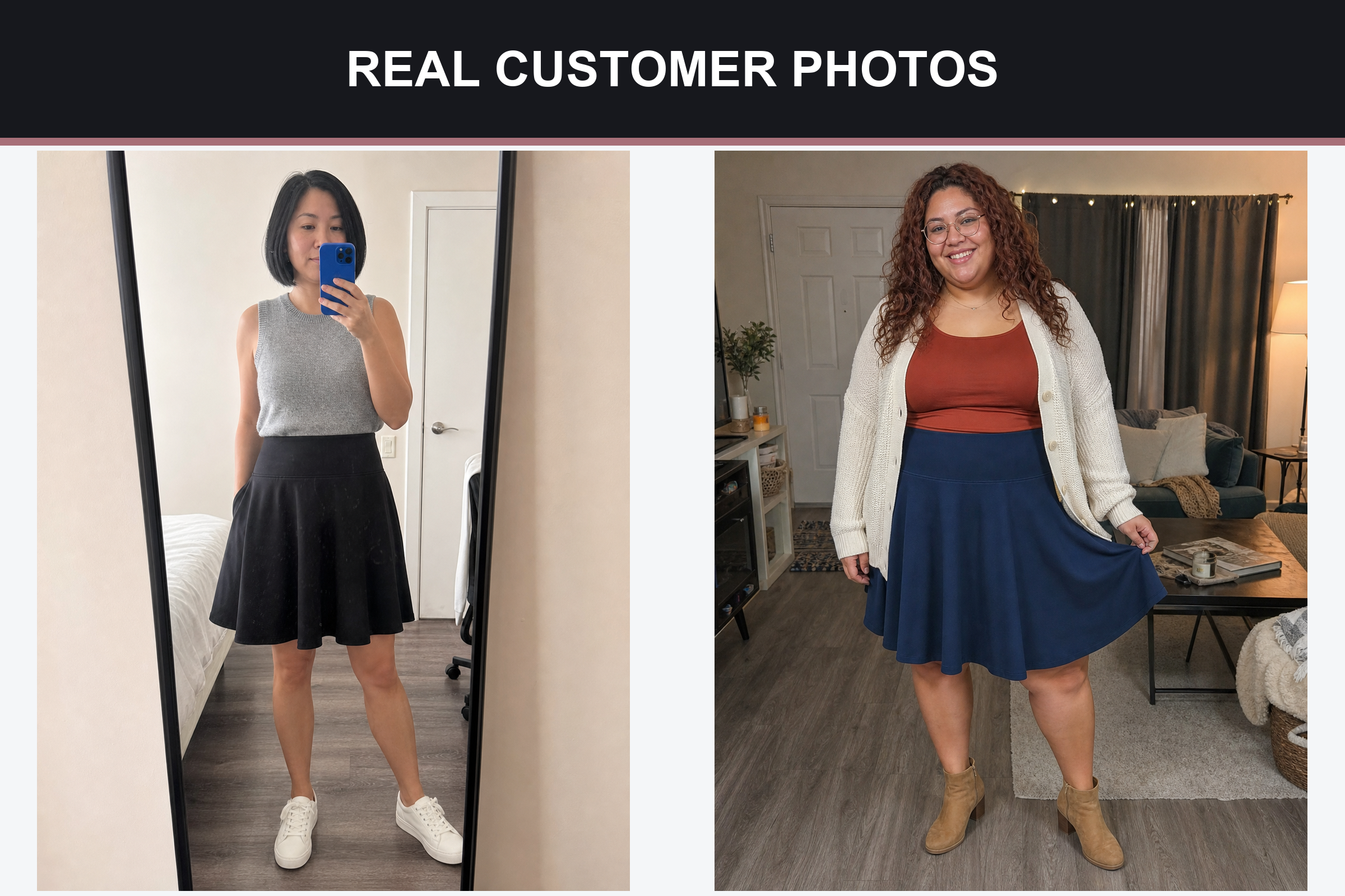 Real customer photos wearing black and deep navy skater skirts