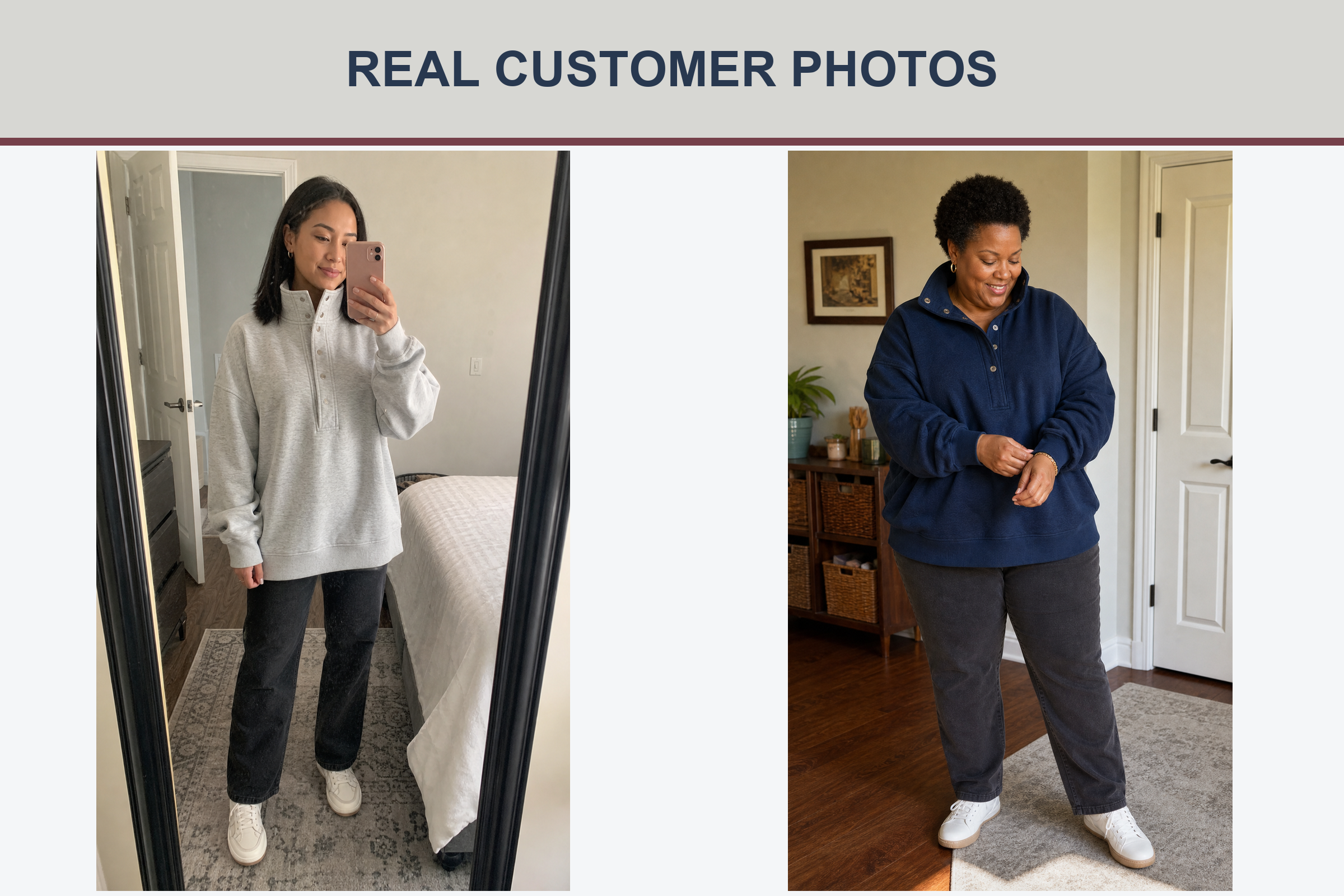 Real customer photos in light gray and deep navy pullovers