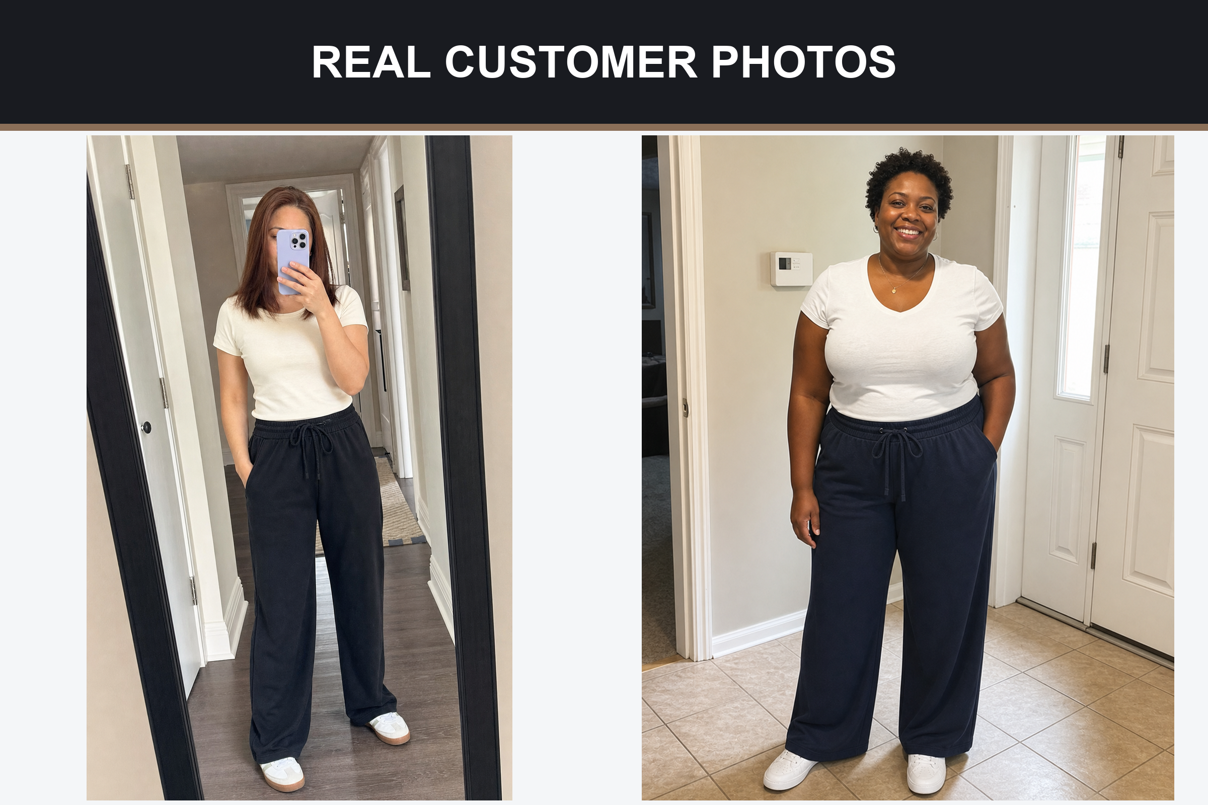 Real customer photos wearing black and deep navy wide-leg pants