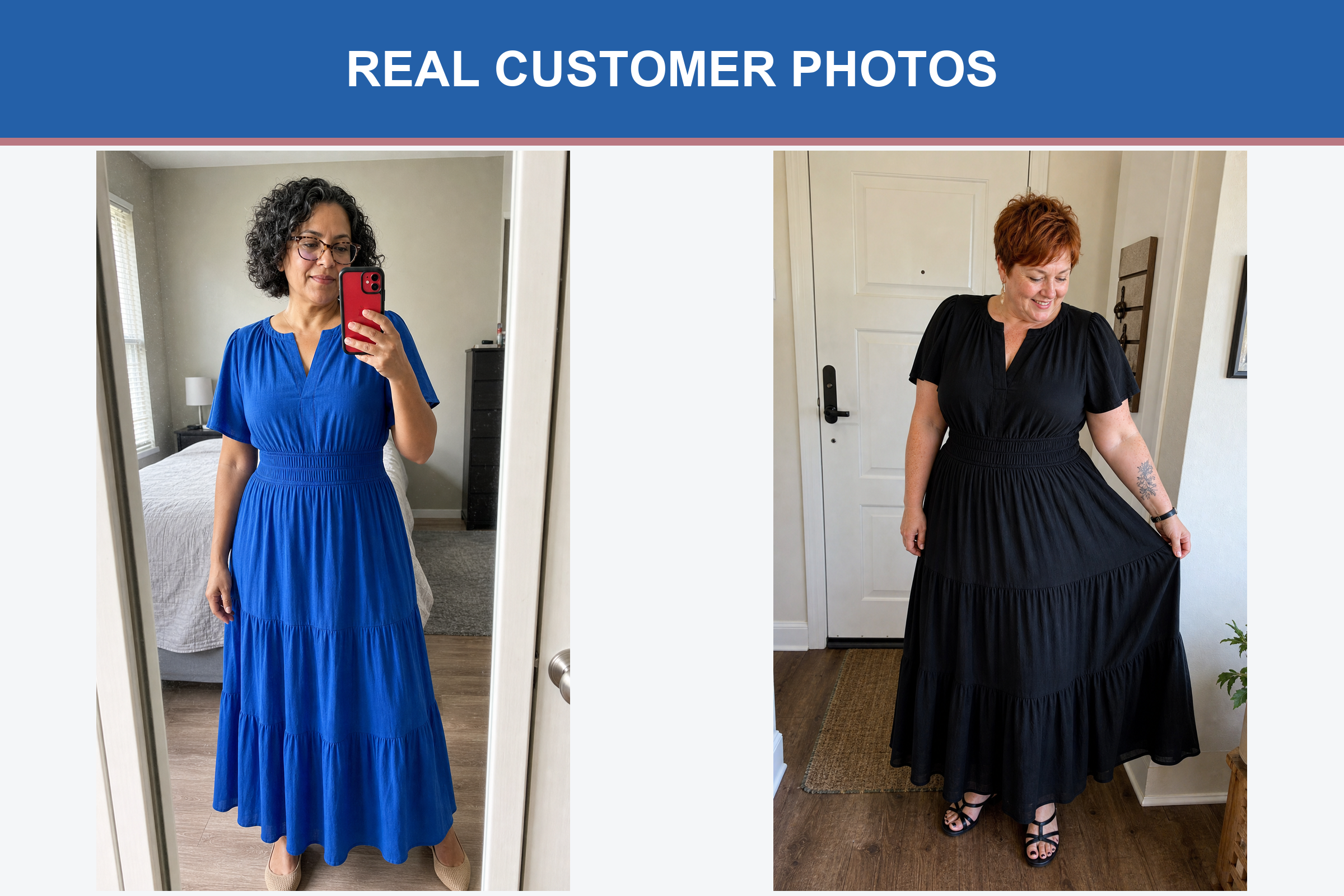 Real customer photos in royal blue and black maxi dresses