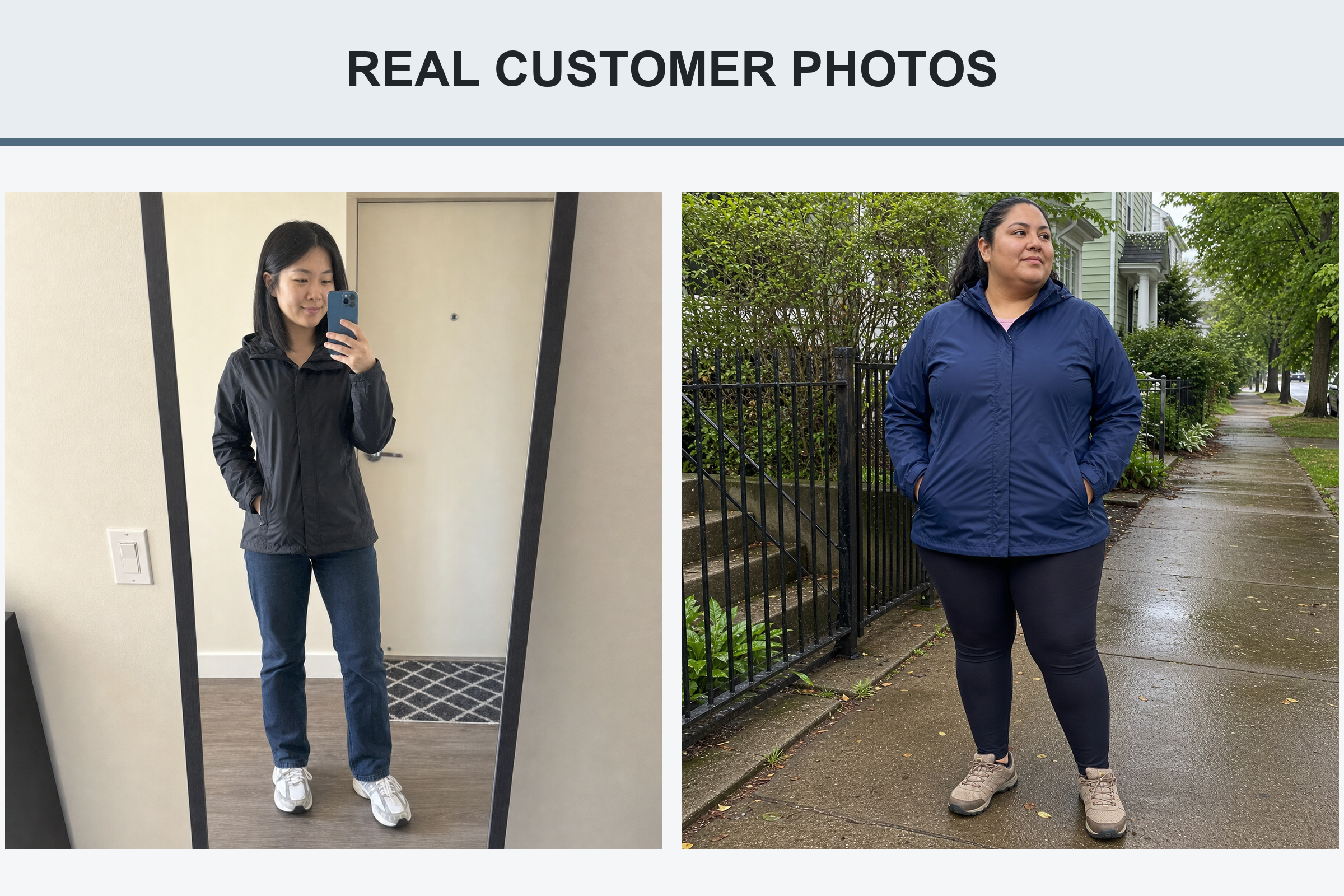 Real customer photos wearing black and deep navy hooded jackets