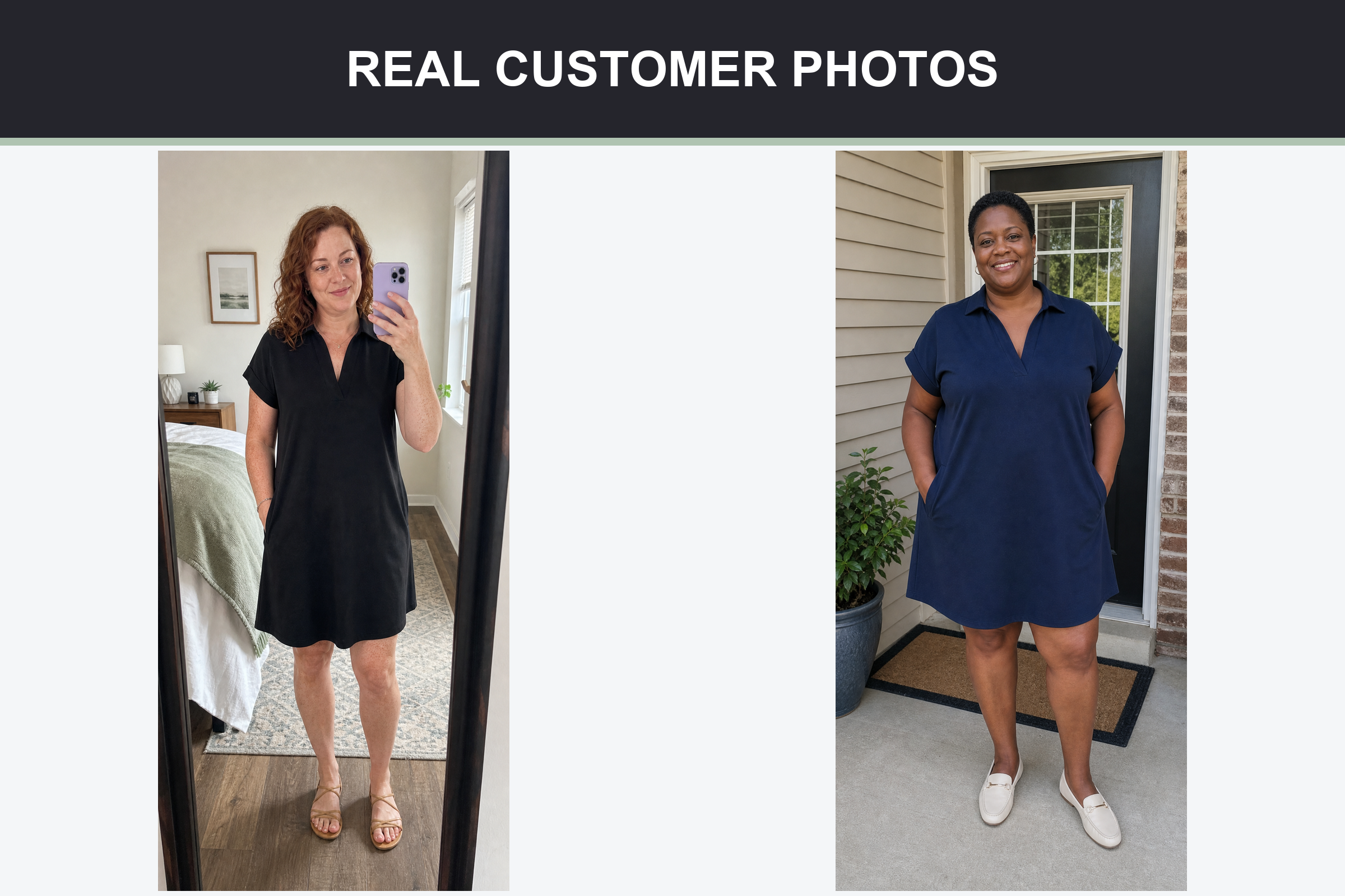 Real customer photos wearing black and deep navy collared pocket dresses