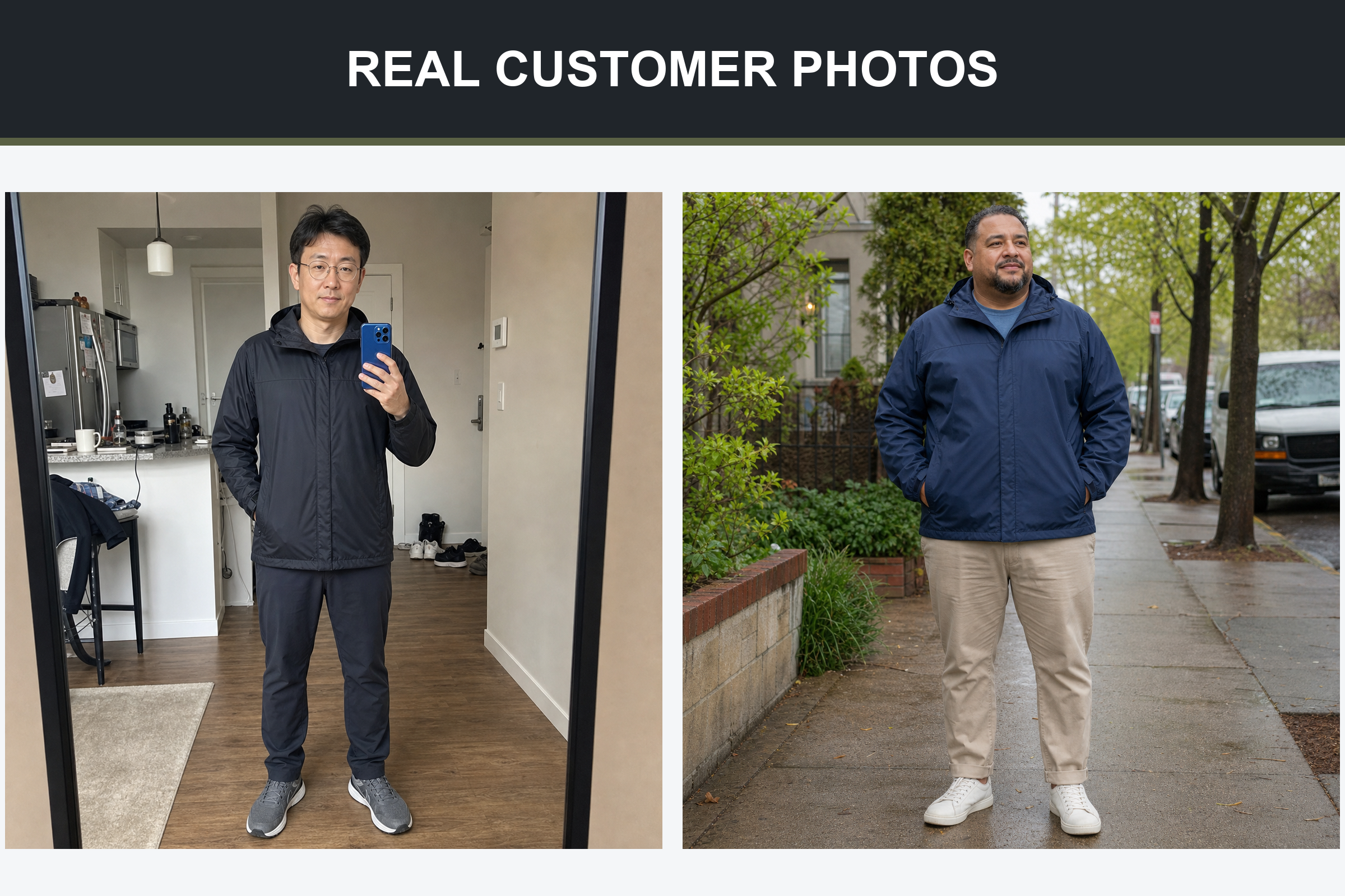 Real customer photos wearing black and deep navy hooded jackets