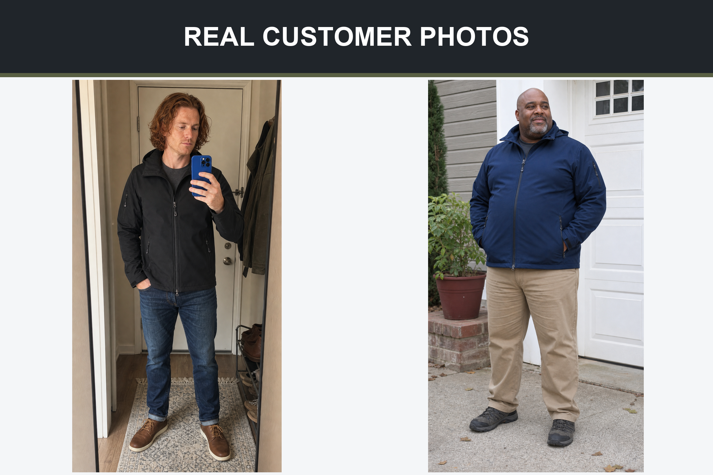 Real customer photos wearing black and deep navy hooded softshell jackets