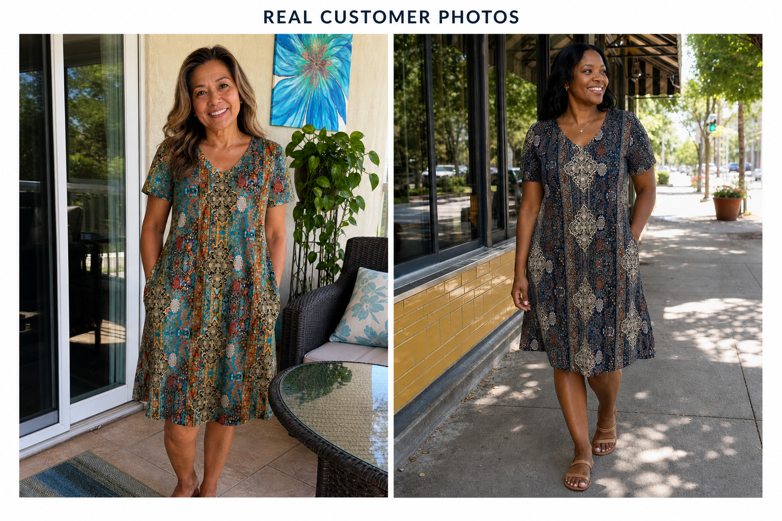 Customers wearing teal and deep ocean blue print dresses