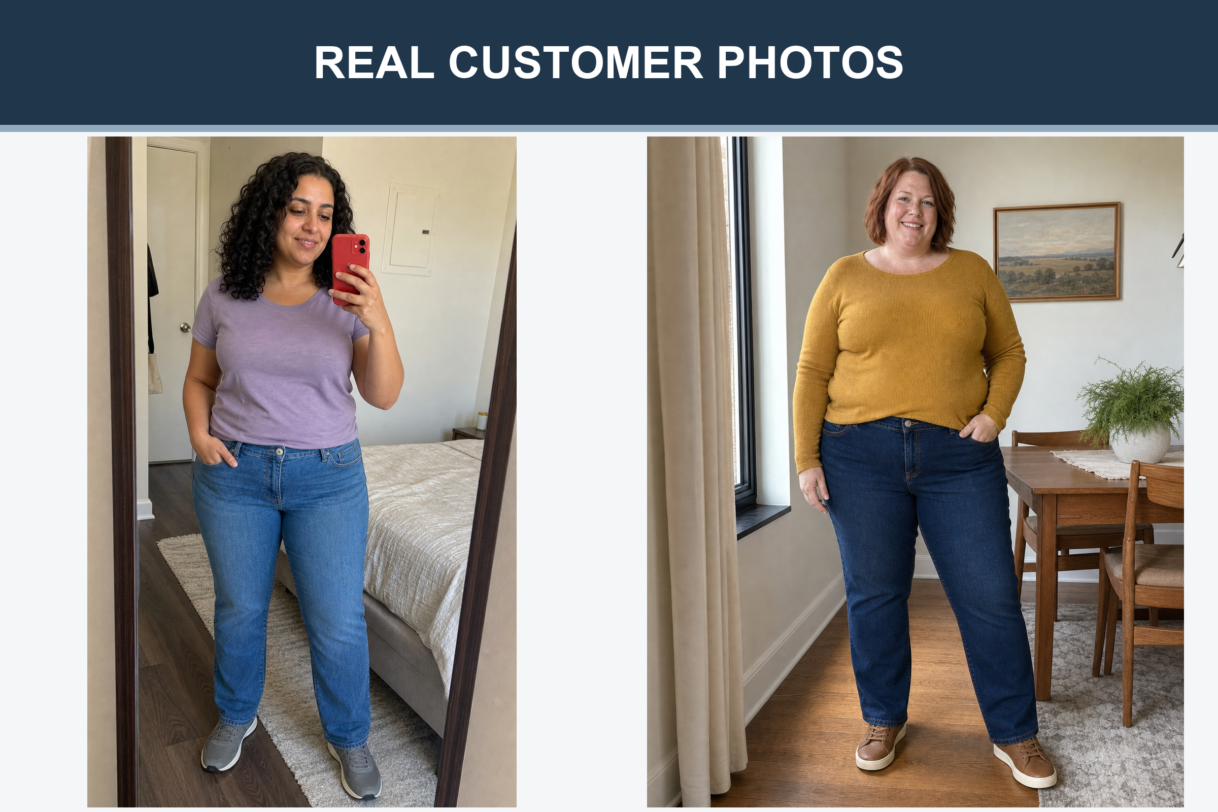 Real customer photos in medium wash and dark indigo jeans