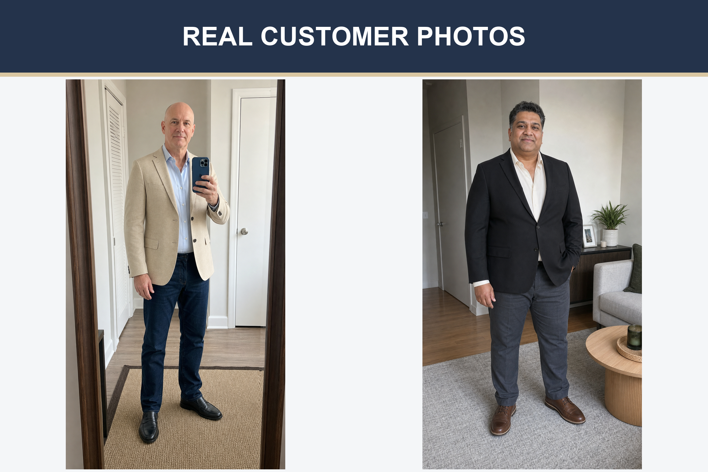 Real customer photos wearing light beige and black tailored blazers