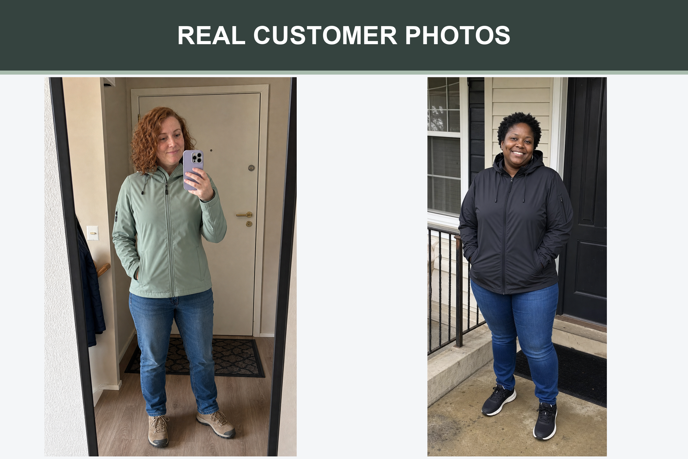 Real customer photos wearing sage mist and black rain jackets
