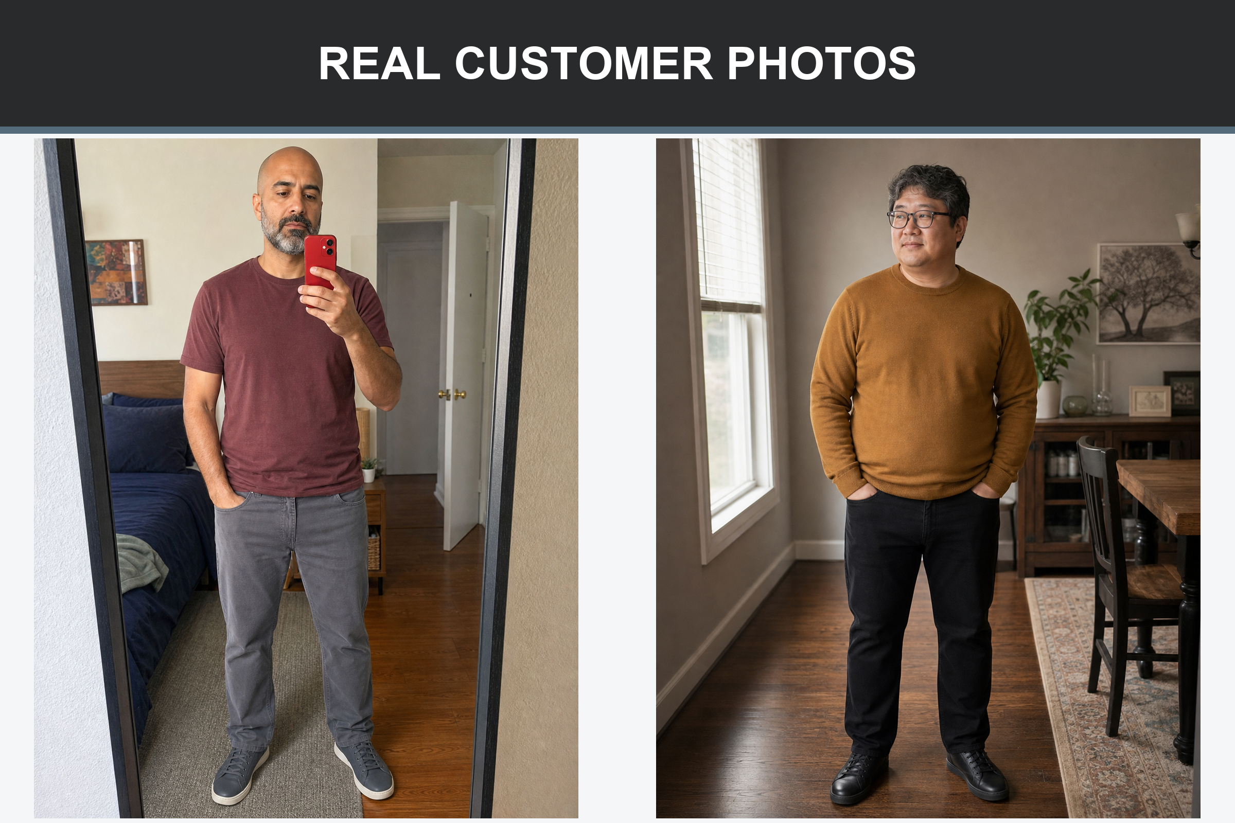 Real customer photos in charcoal and black straight pants