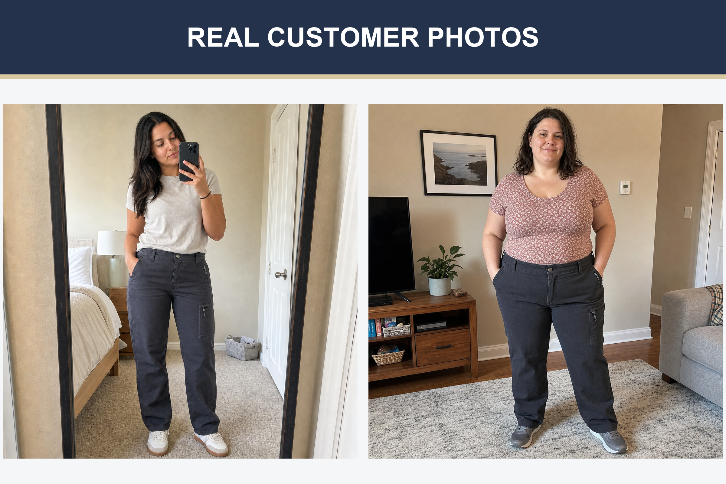 Real customer photos wearing charcoal and black cargo pants