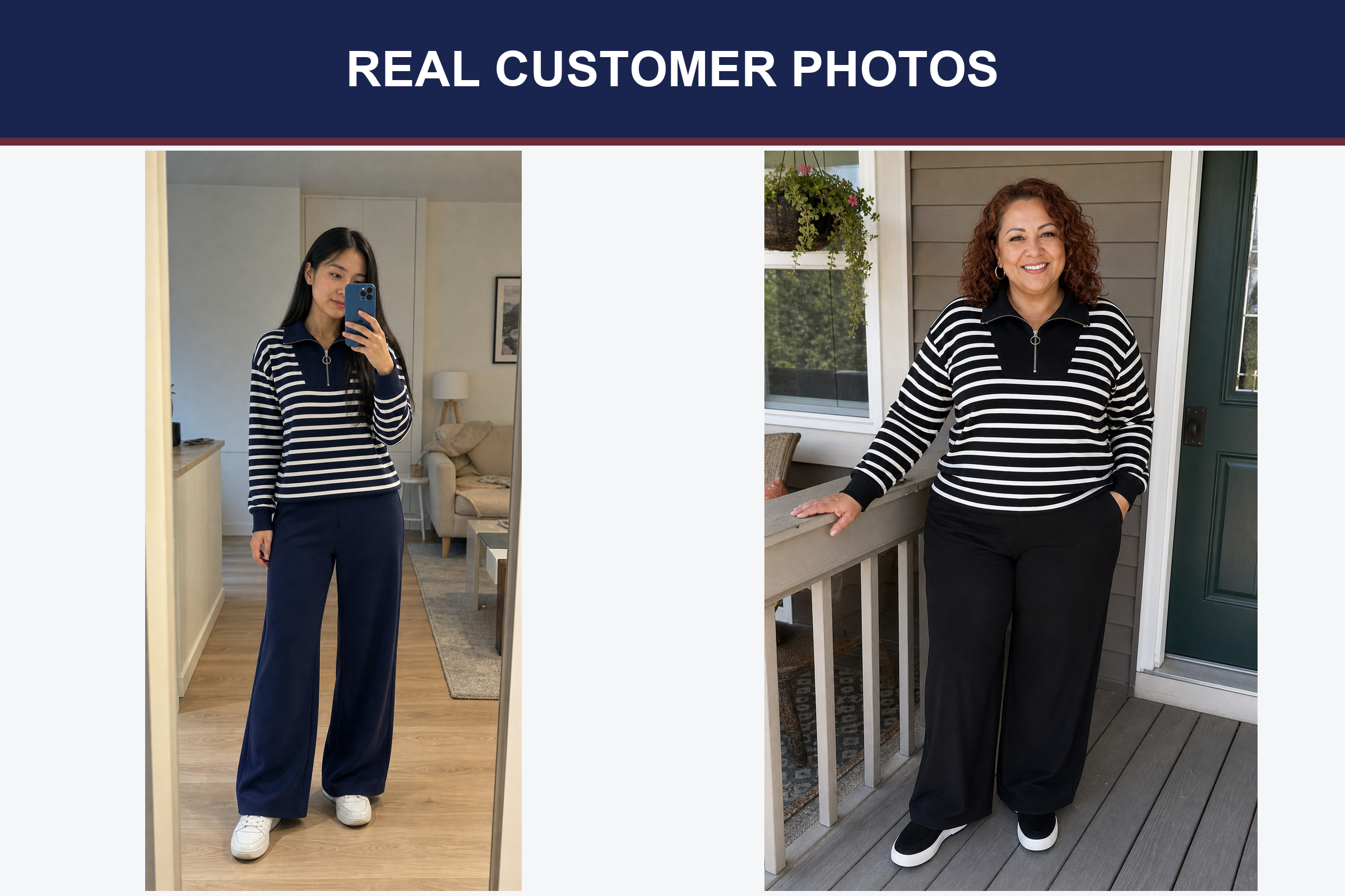 Real customer photos wearing navy and black striped sets