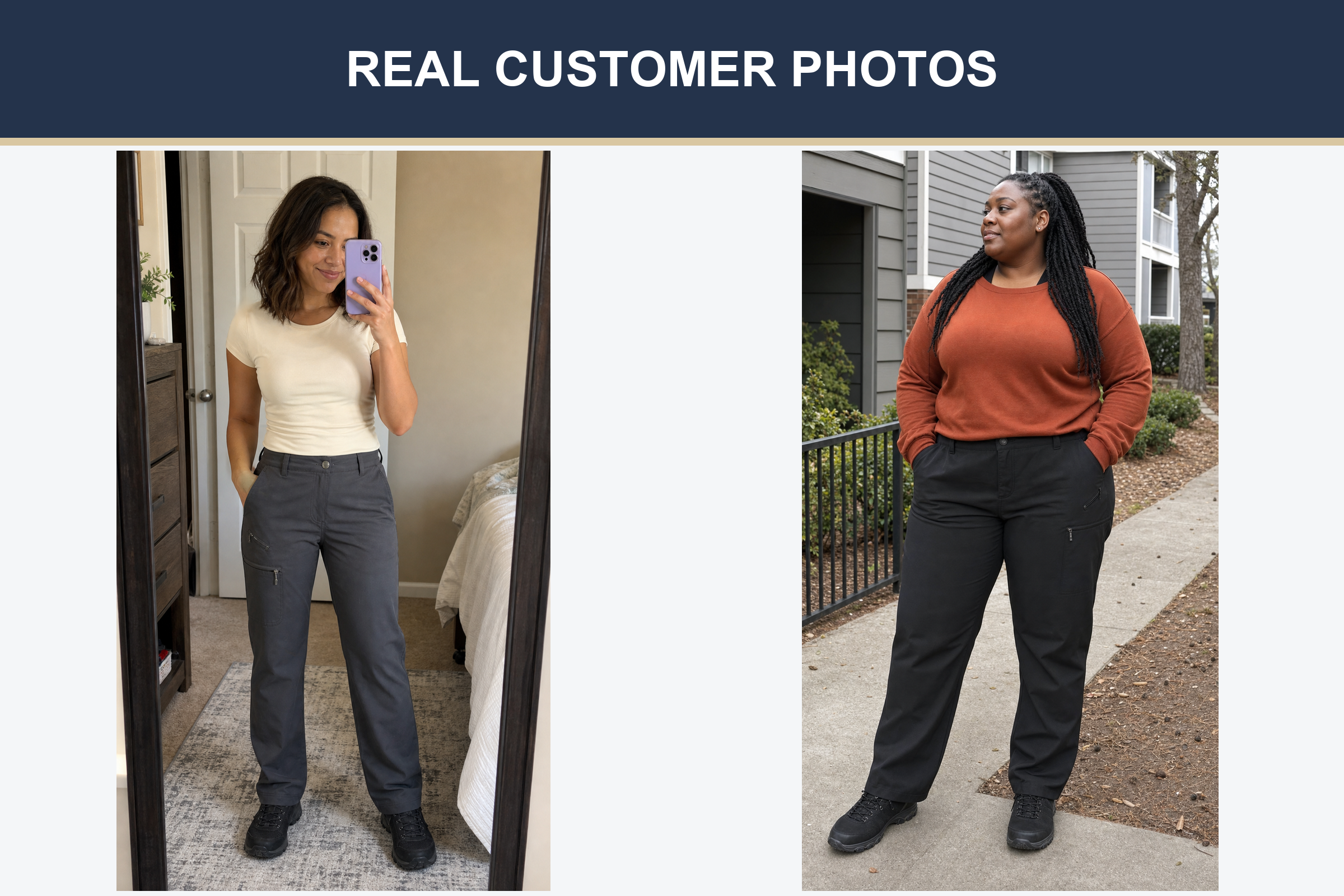 Real customer photos wearing charcoal and black cargo hiking pants