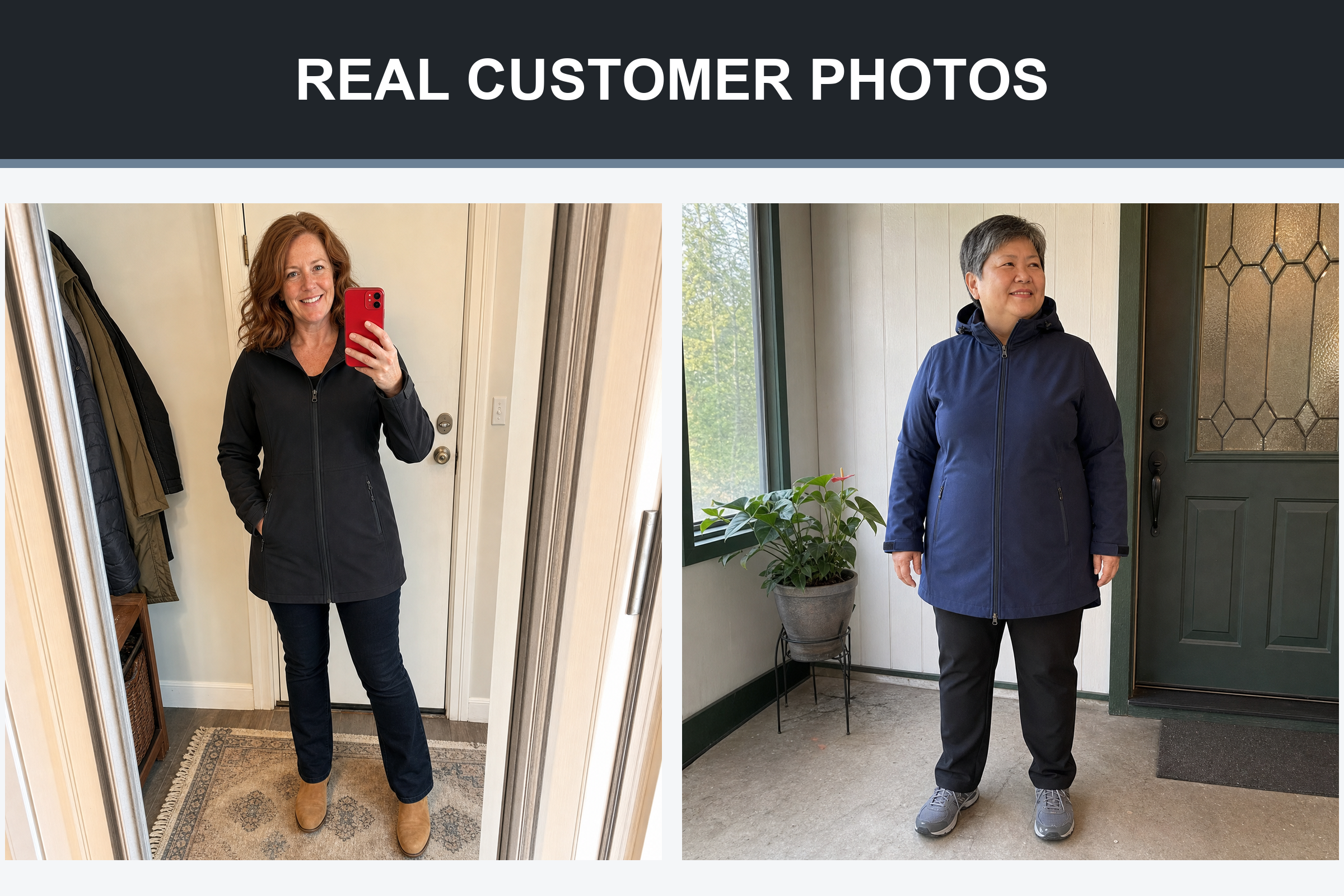 Real customer photos wearing black and navy hooded jackets
