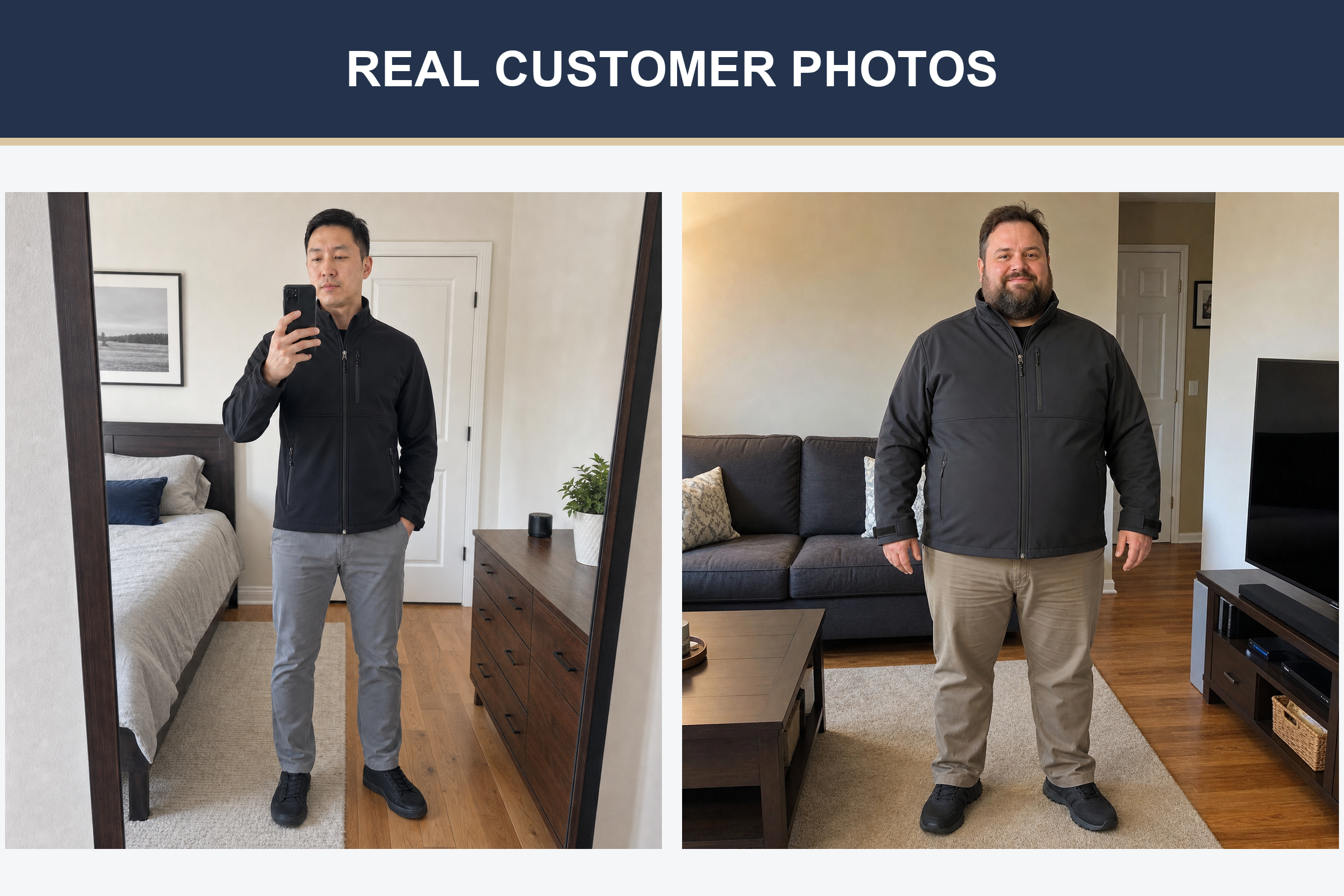 Real customer photos wearing black and charcoal stand-collar jackets