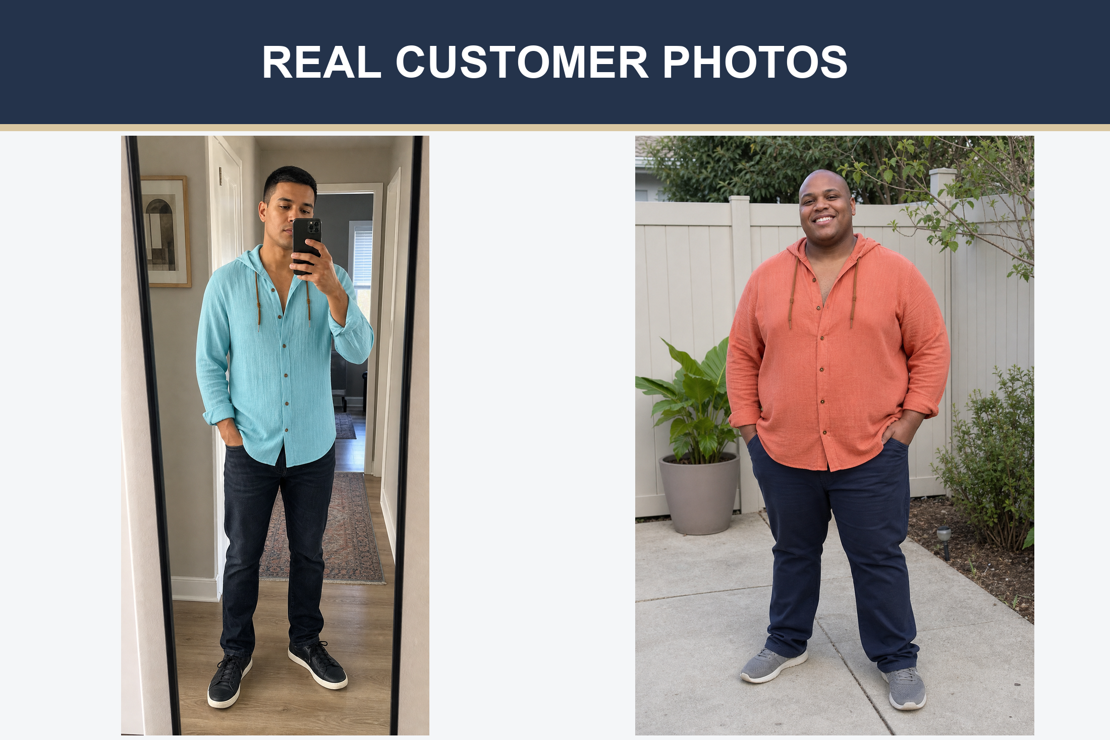 Real customer photos in aqua and coral shirt colors