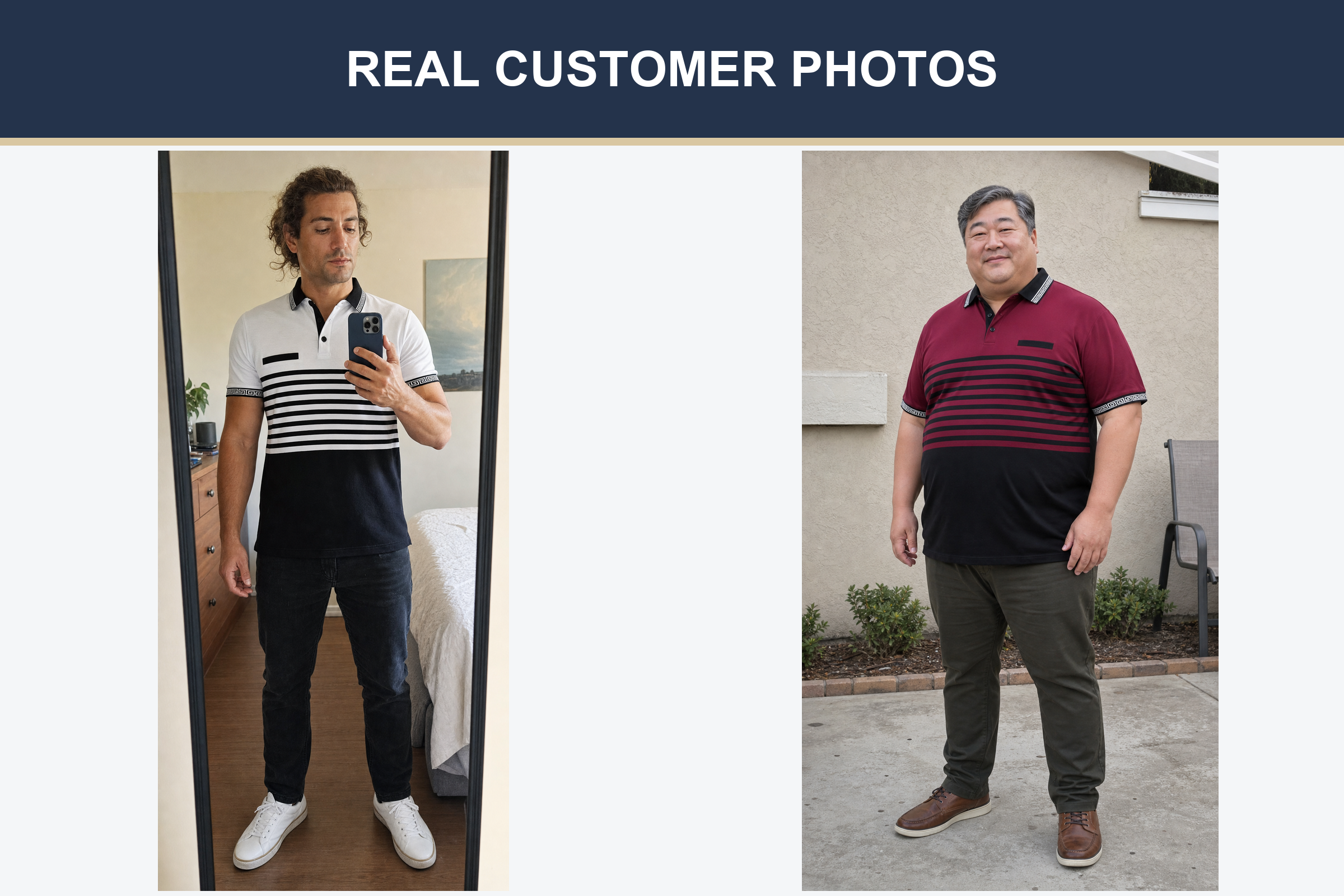 Real customer polo photos in original and burgundy