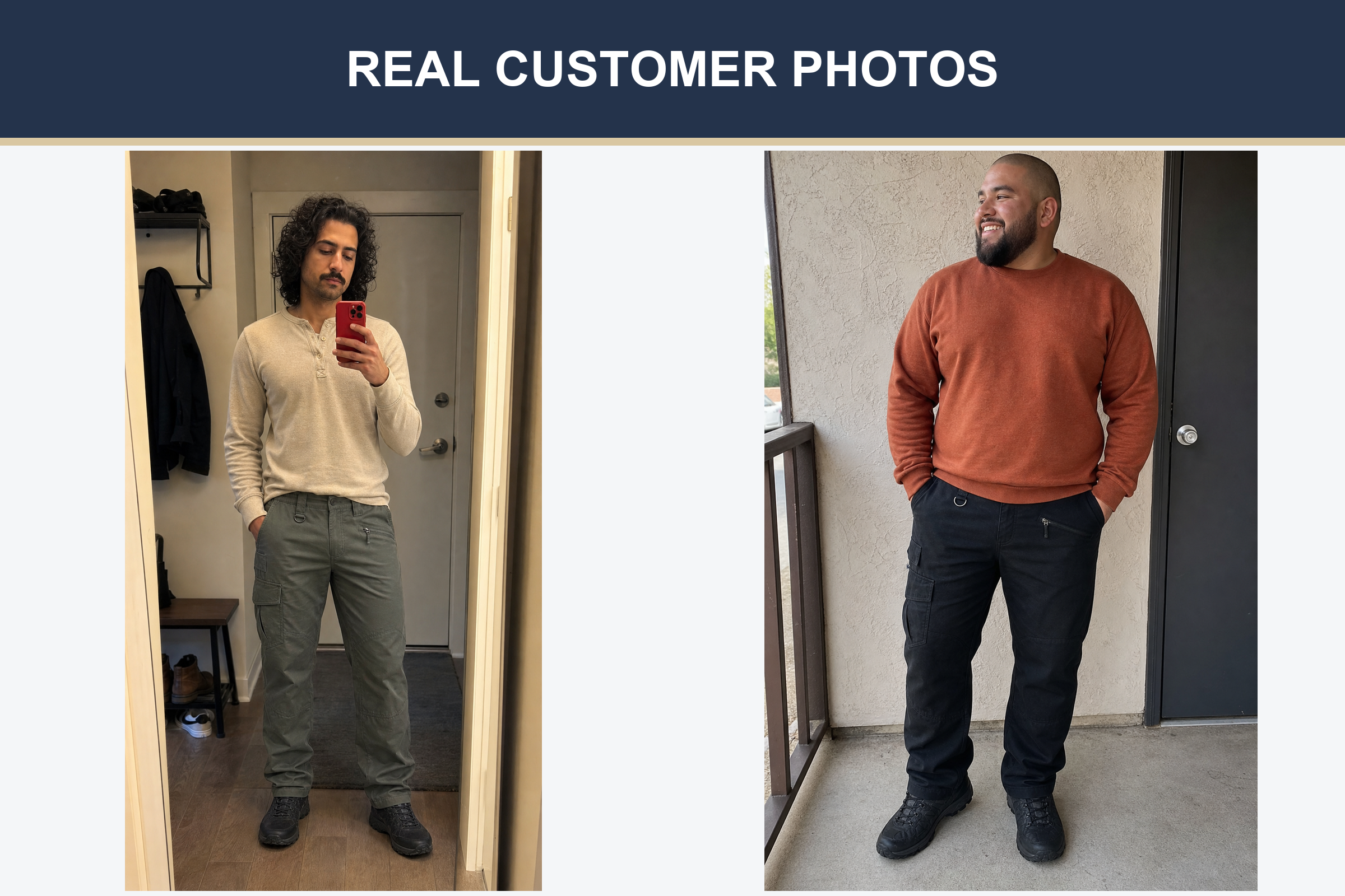Real customer photos wearing olive and black cargo hiking pants