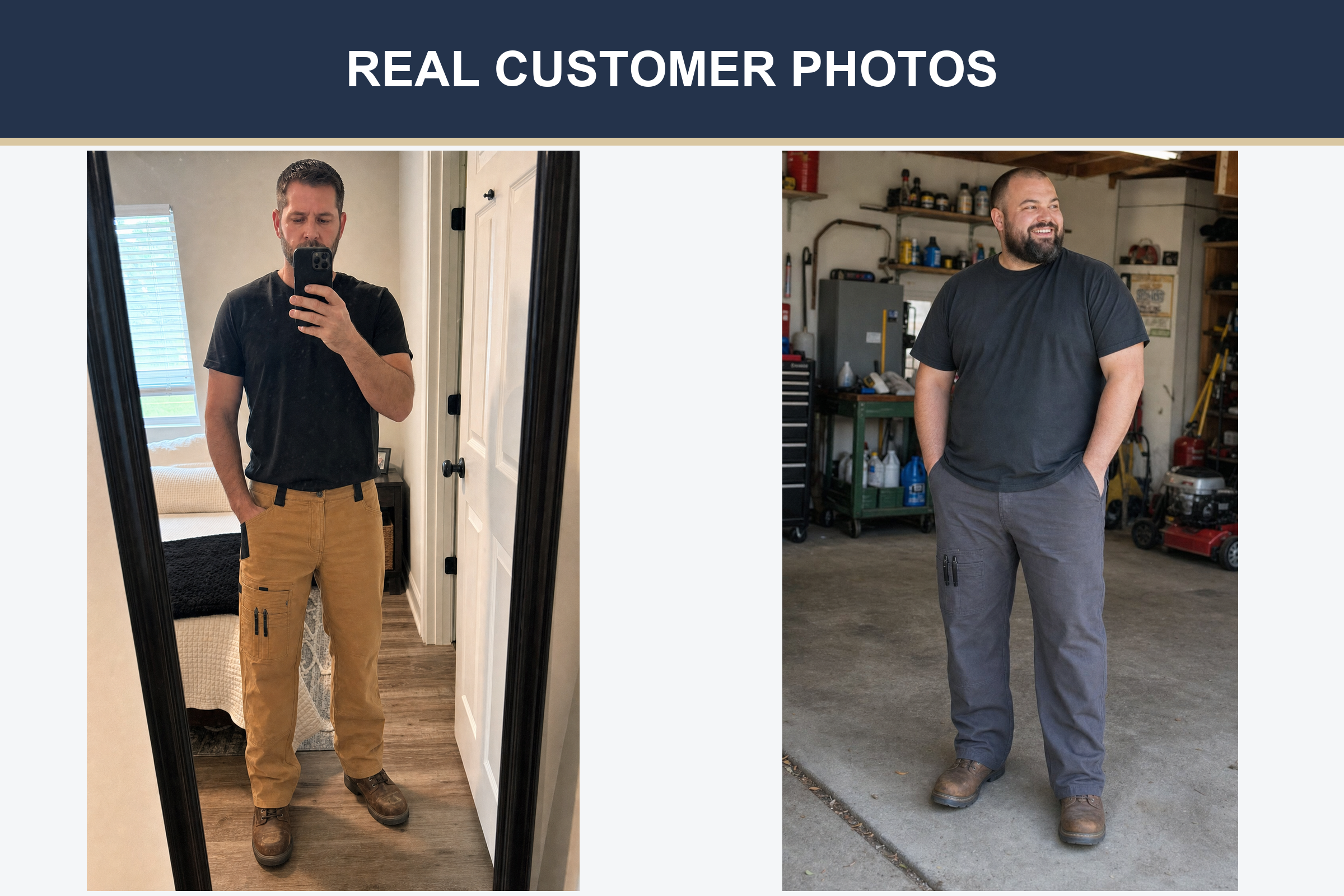 Real customer photos wearing work tan and charcoal work pants
