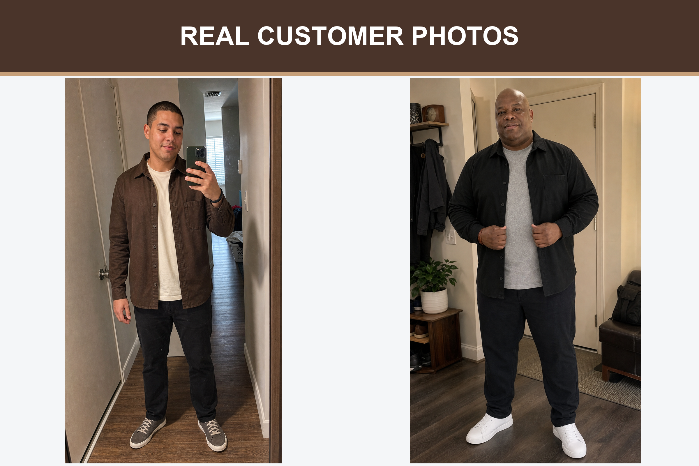 Real customer photos wearing chocolate brown and black overshirts