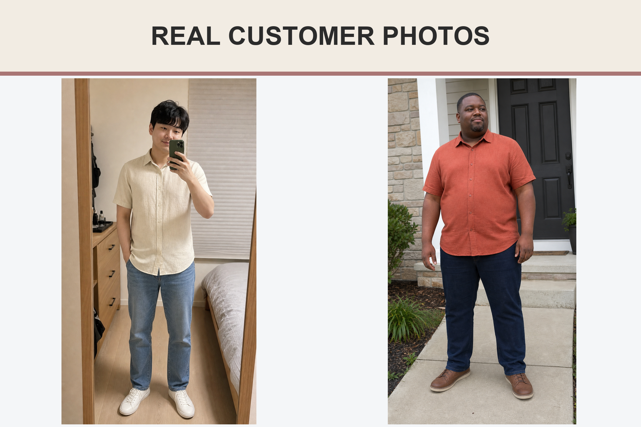 Real customer shirt photos in beige and terracotta