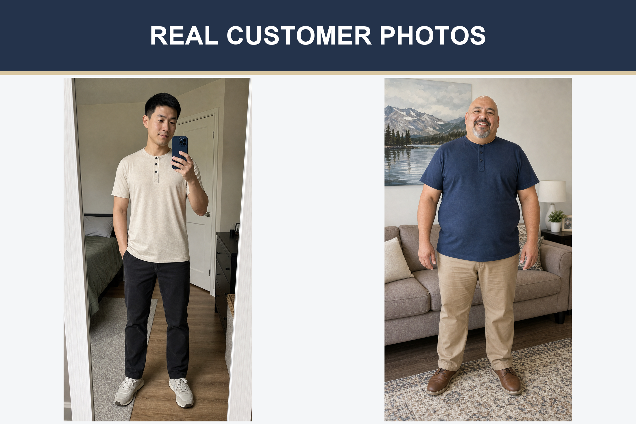 Real customer Henley photos in oatmeal and deep navy