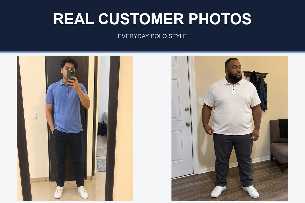 Customer-style photos wearing heather blue and white polos