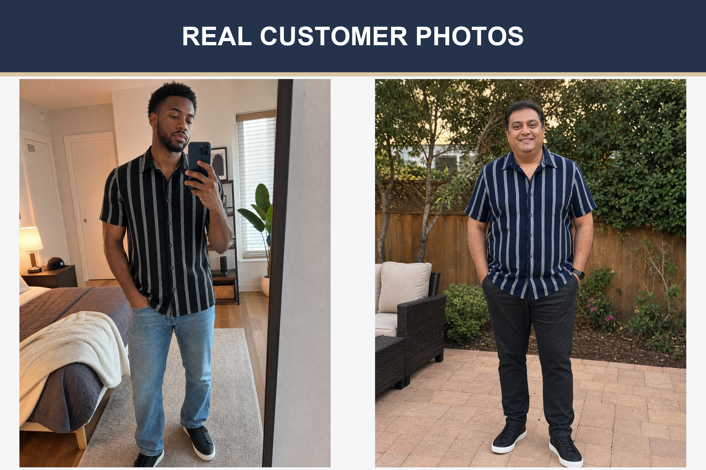 Real customer photos wearing black and navy striped shirts